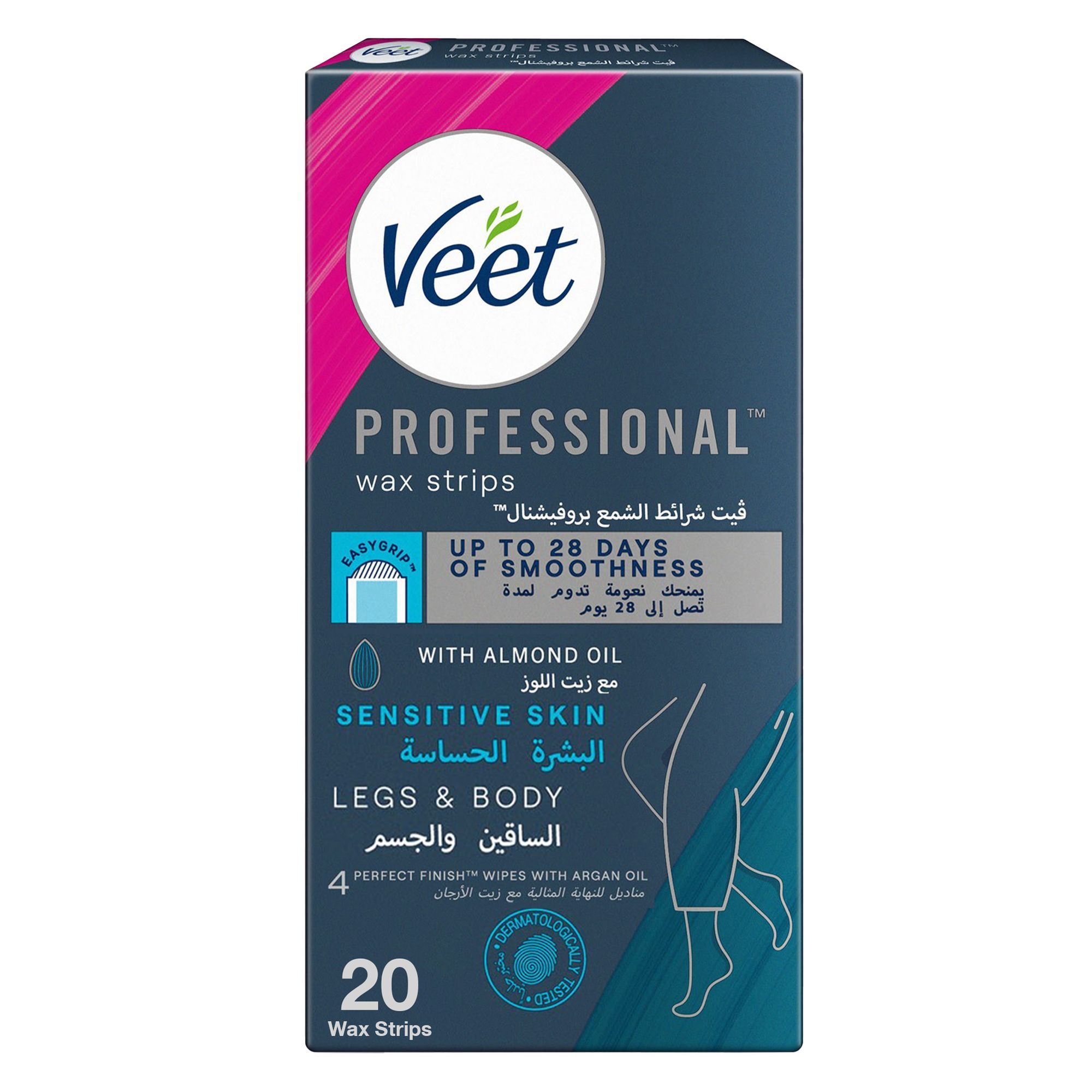 Veet Professional Hair Removal Wax Strips for Sensitive Skin Legs & Body, 20 Strips