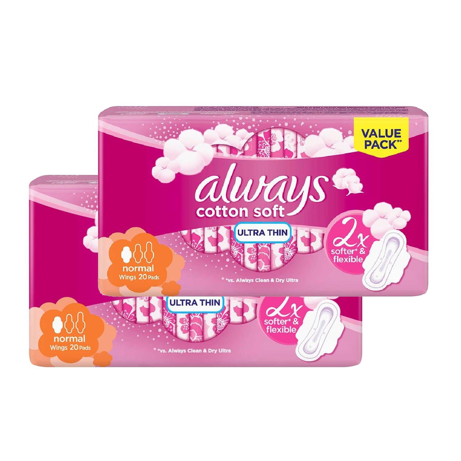 Always Ultra Thin Cottony Soft Pads Value Pack, 20 Pieces