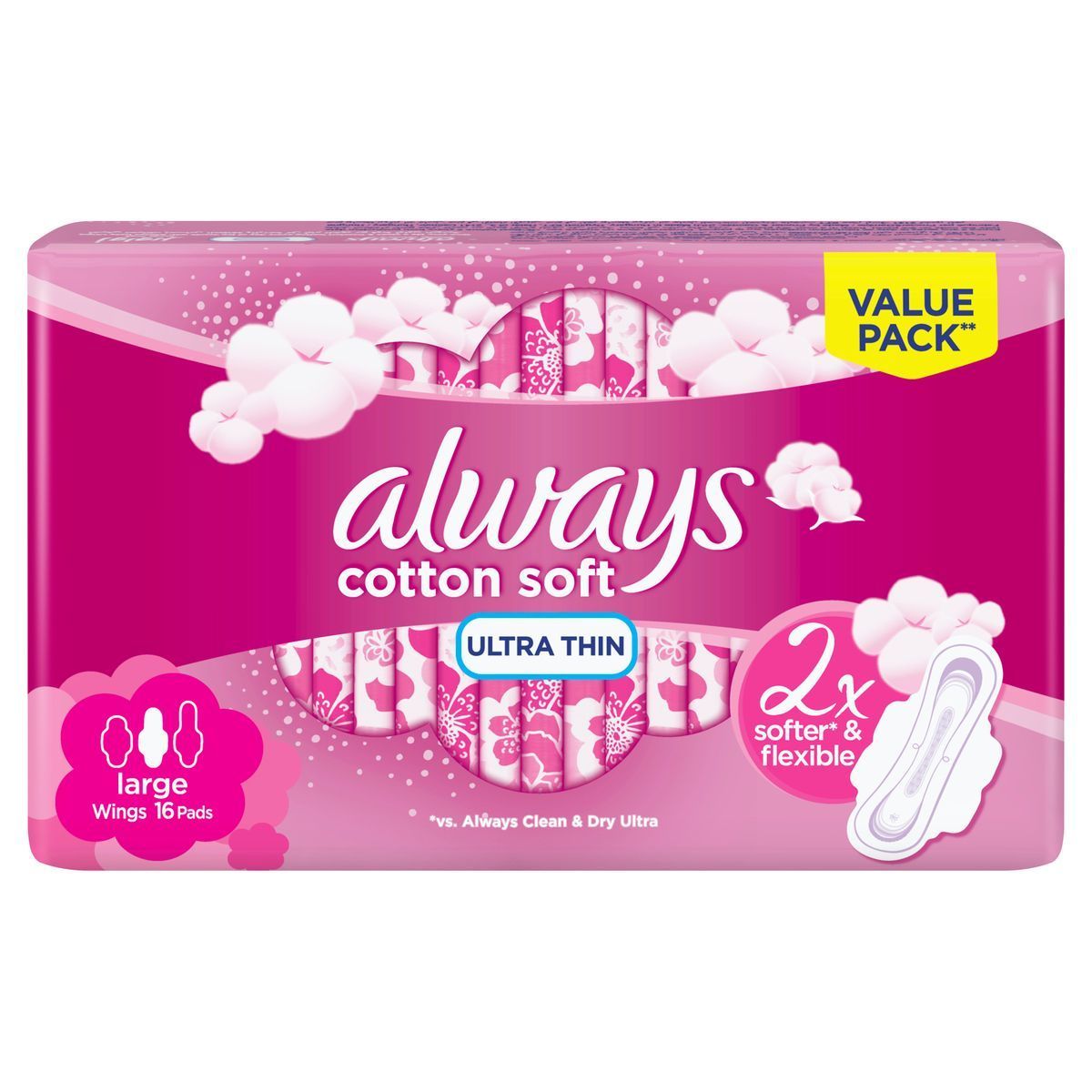Always Ultra Thin Cottony Soft Sanitary Pads Large With Wings, 16  Pads