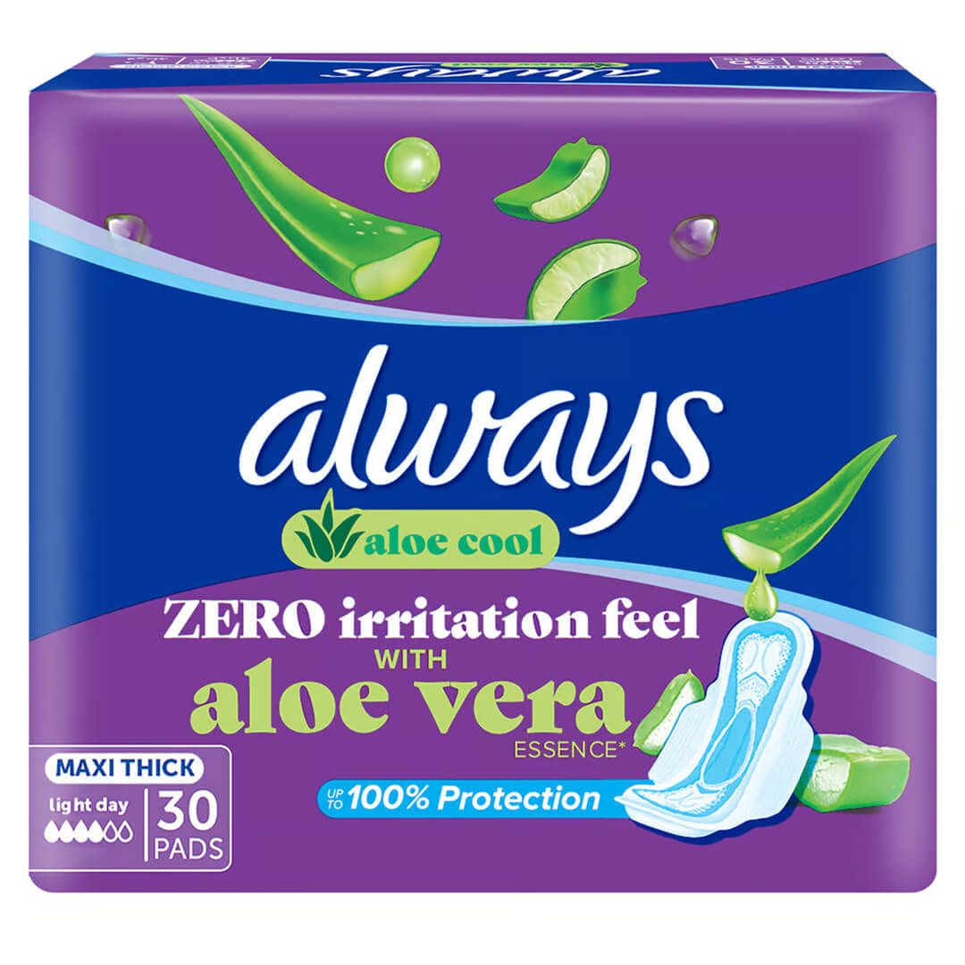 Always Aloe Cool Disposable Pads With Aloe Vera Essence For Light Days, For Zero Irritation Feel, Long Maxi Thick Pads With Wings, 30 Count
