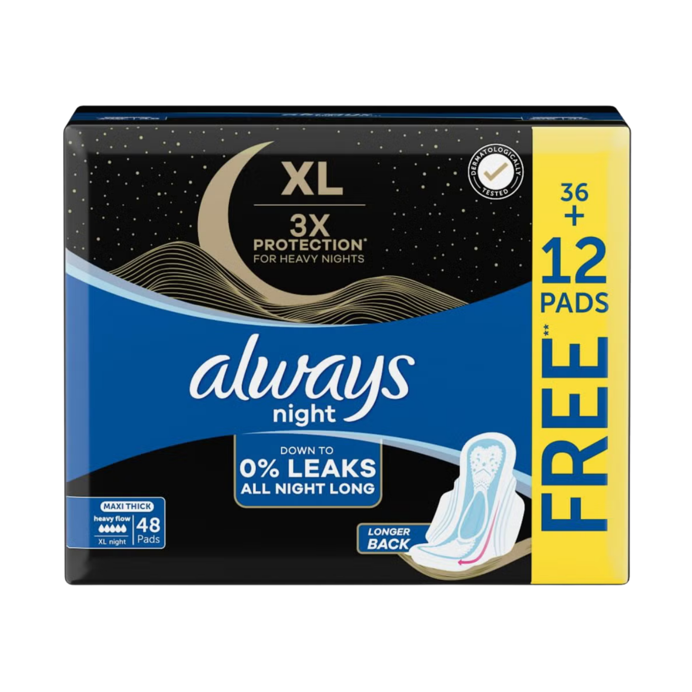 Always Dry & Comfort Night Sanitary Pads Large, 48 Pieces