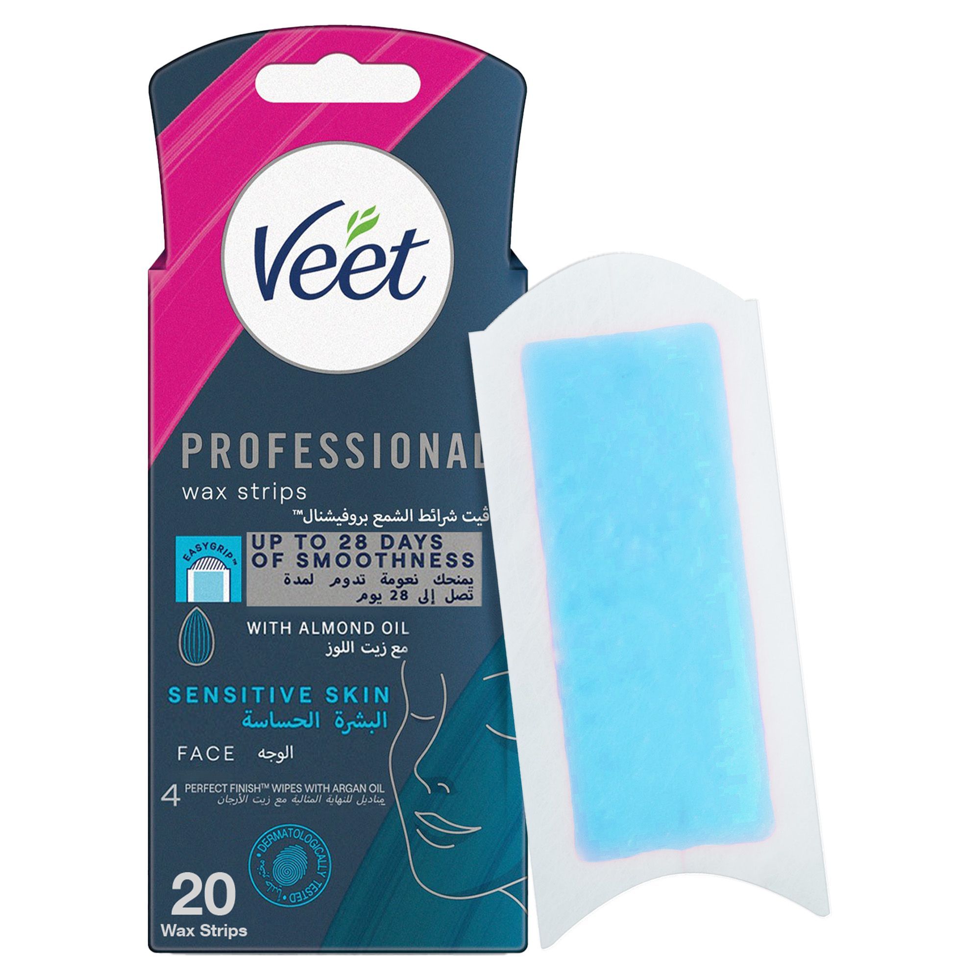Veet Professional Hair Removal Face Wax Strips for Sensitive Skin, 20 Strips