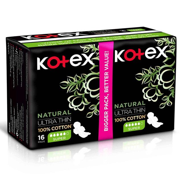 Kotex Hypoallergenic Super Ultra Thin Natural Cotton Sanitary Pads with Wings, 16 Pieces