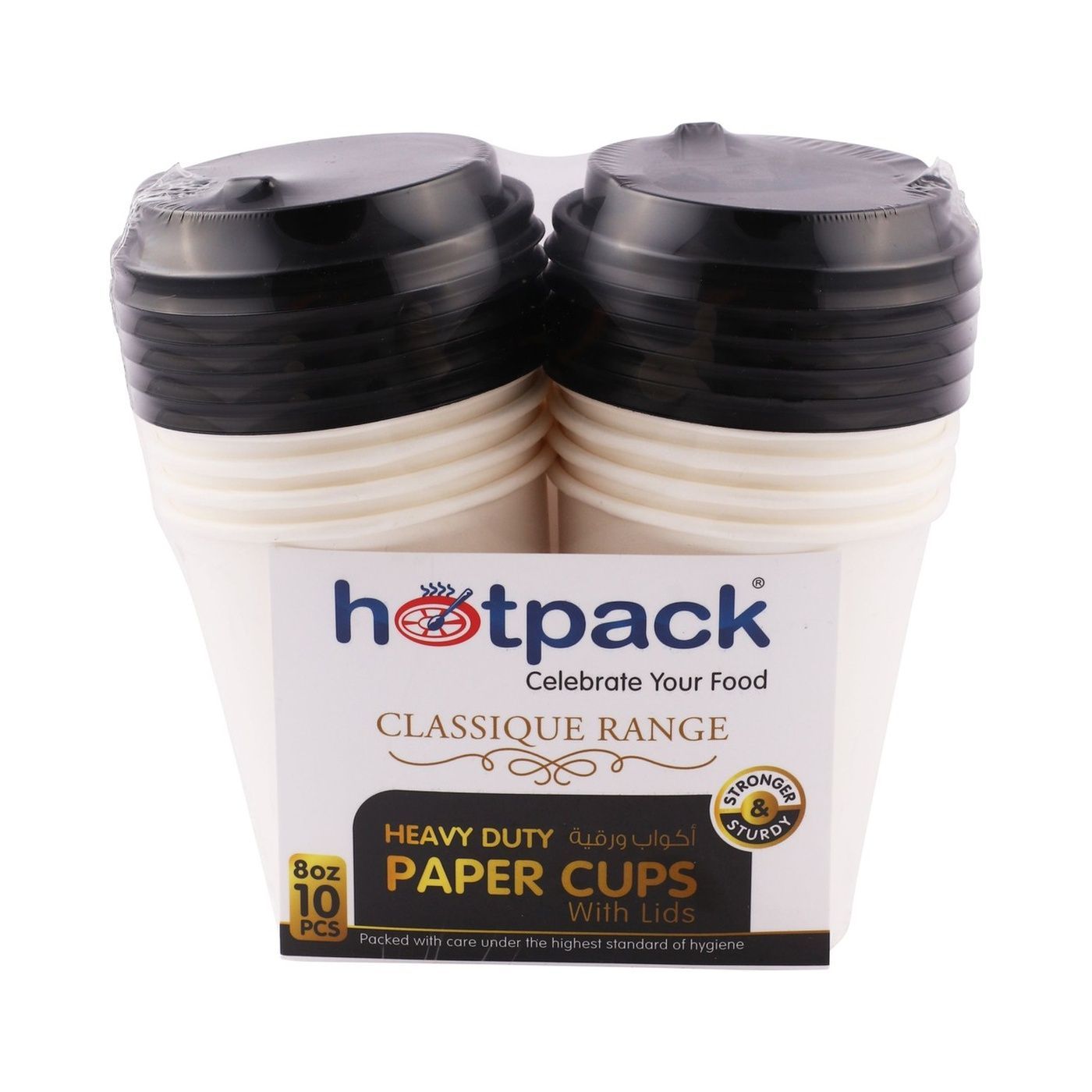Hotpack Heavy Duty Paper Cup White With Black Lid, 8oz X 10