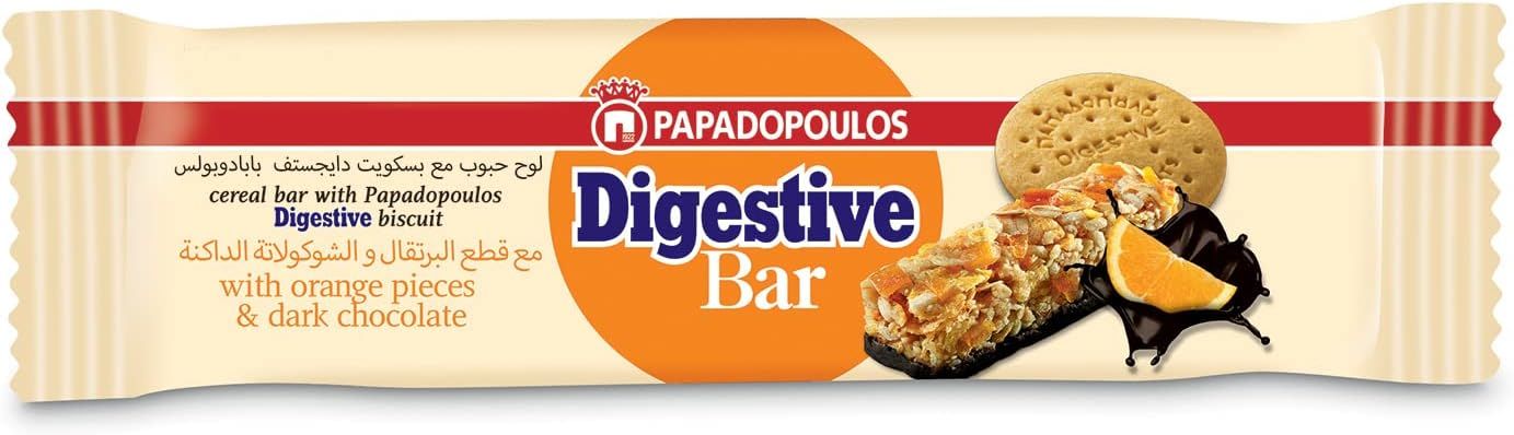 Papadopoulos Cereal Bar with Digestive Biscuit, Orange Pieces & Dark Chocolate, 28g