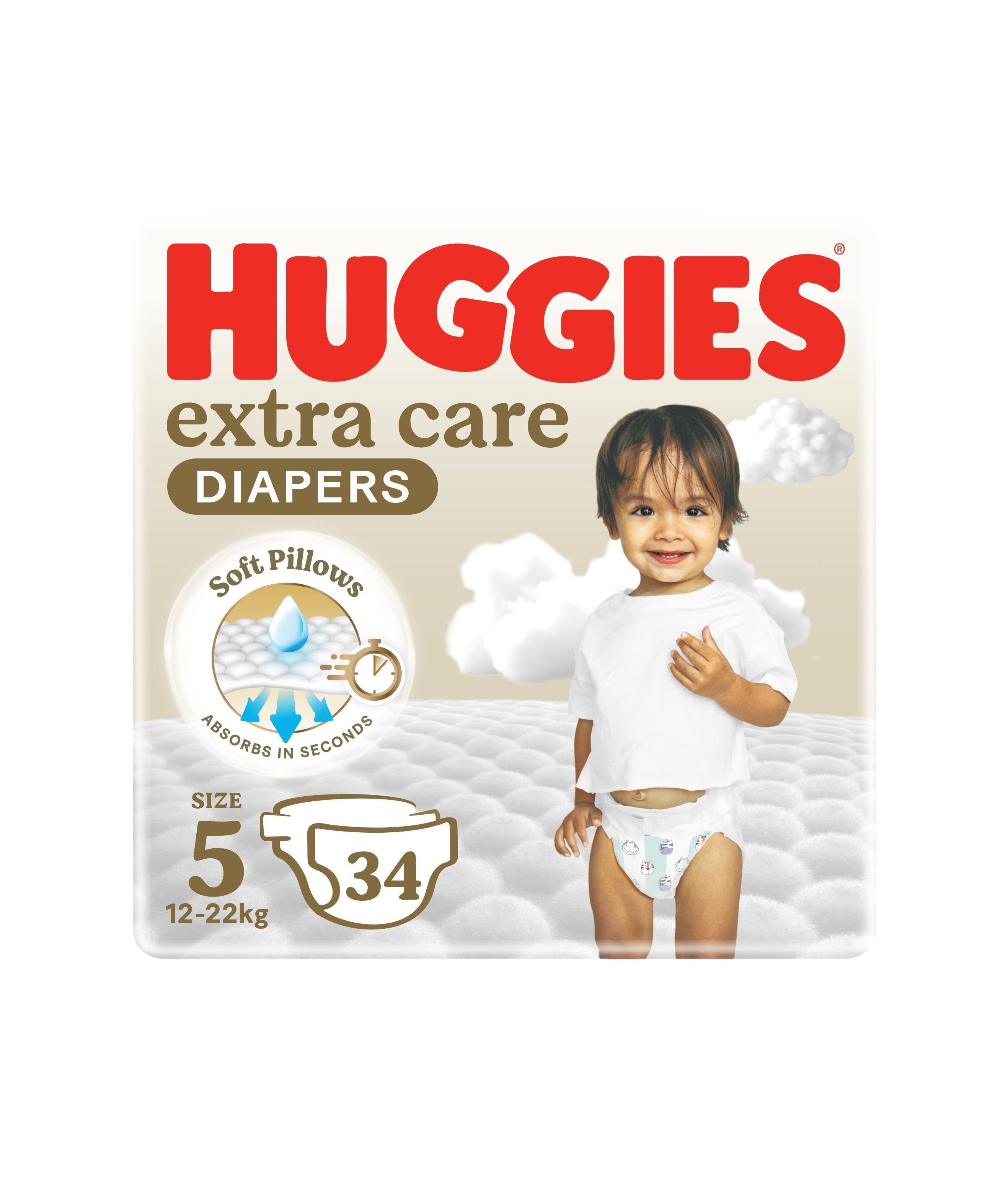 Huggies Extra Care Diapers Size 5 From 12-22 kg, 34 Pieces