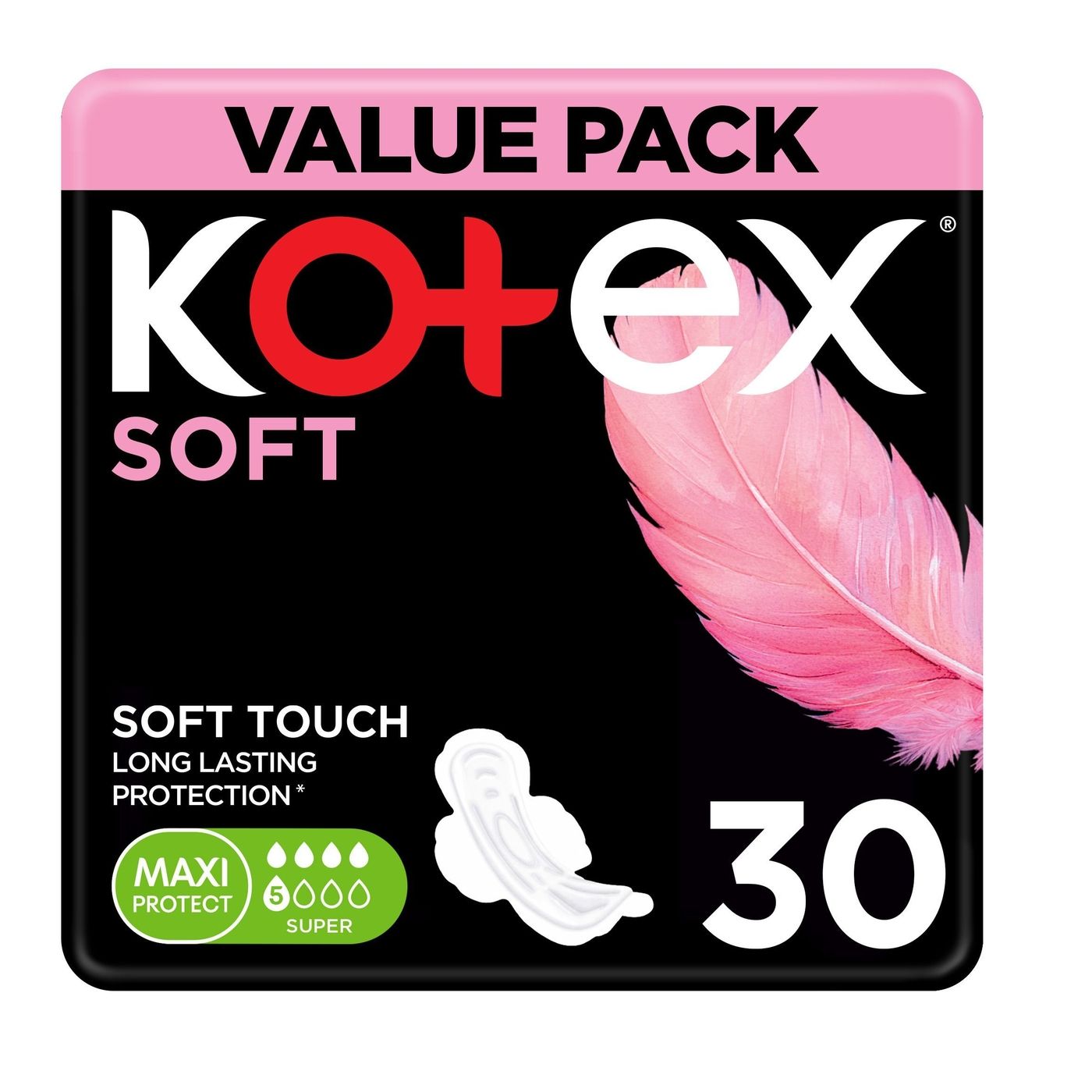 Kotex Soft Super Maxi Protect Sanitary Pads Value Pack, 30 Pieces