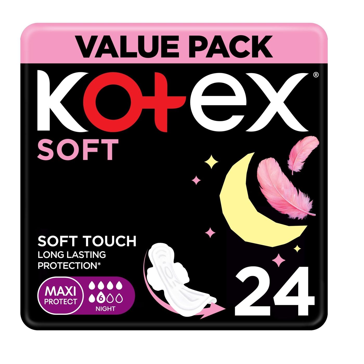 Kotex Soft Night Maxi Protect Sanitary Pads Value Pack, 24 Pieces