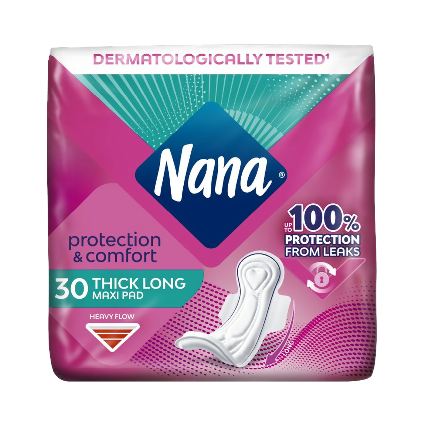 Nana Protection & Comfort Maxi Thick Long Pads with Wings for Heavy Flow, 30 Pieces