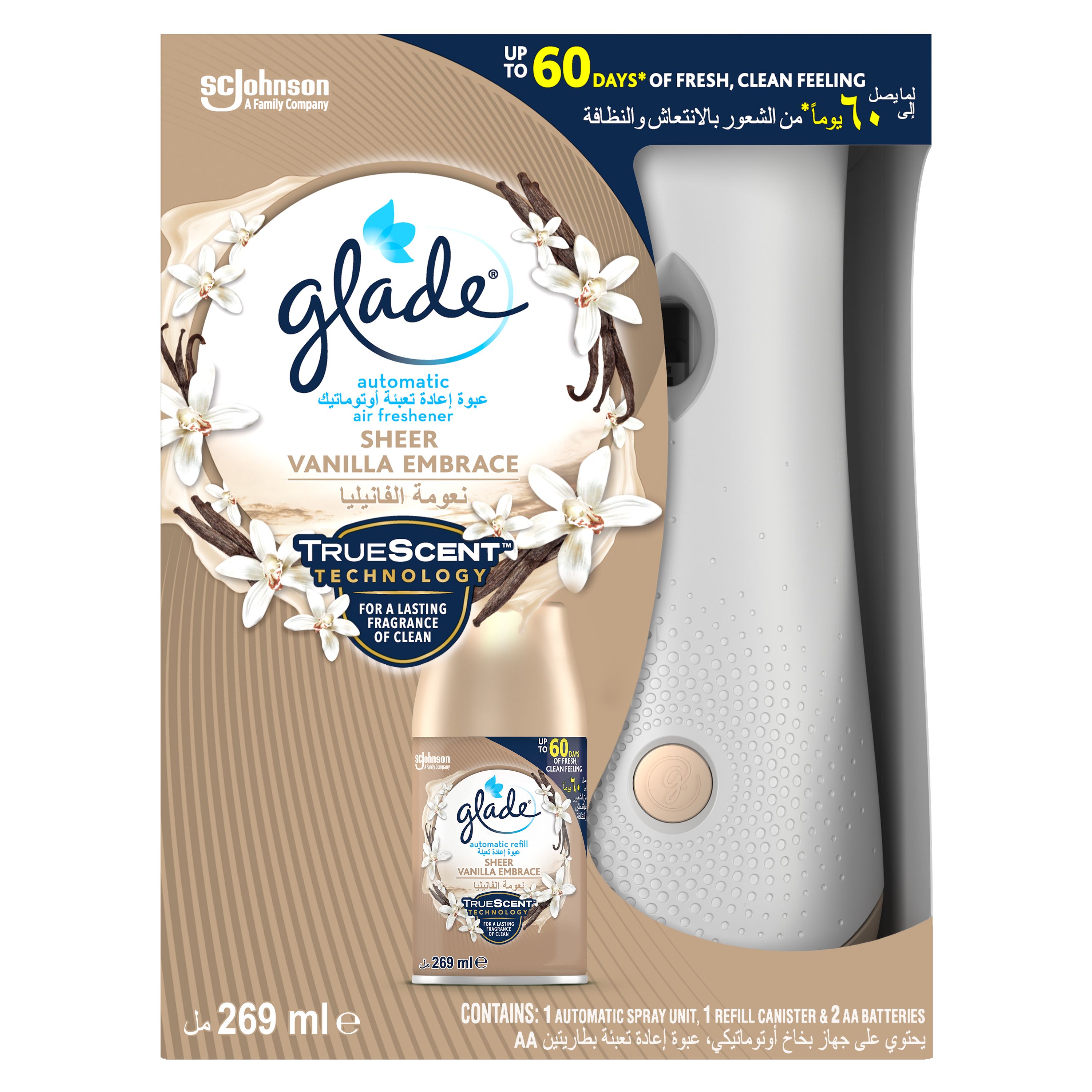 Glade Automatic Spray Holder With Sheer Vanilla Embrace Air Freshener Refill, 269ml