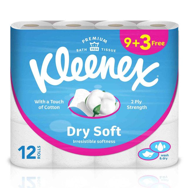 Kleenex Cottonelle Dry Soft Toilet Rolls 2ply (9+3 Free), 12x200 tissues