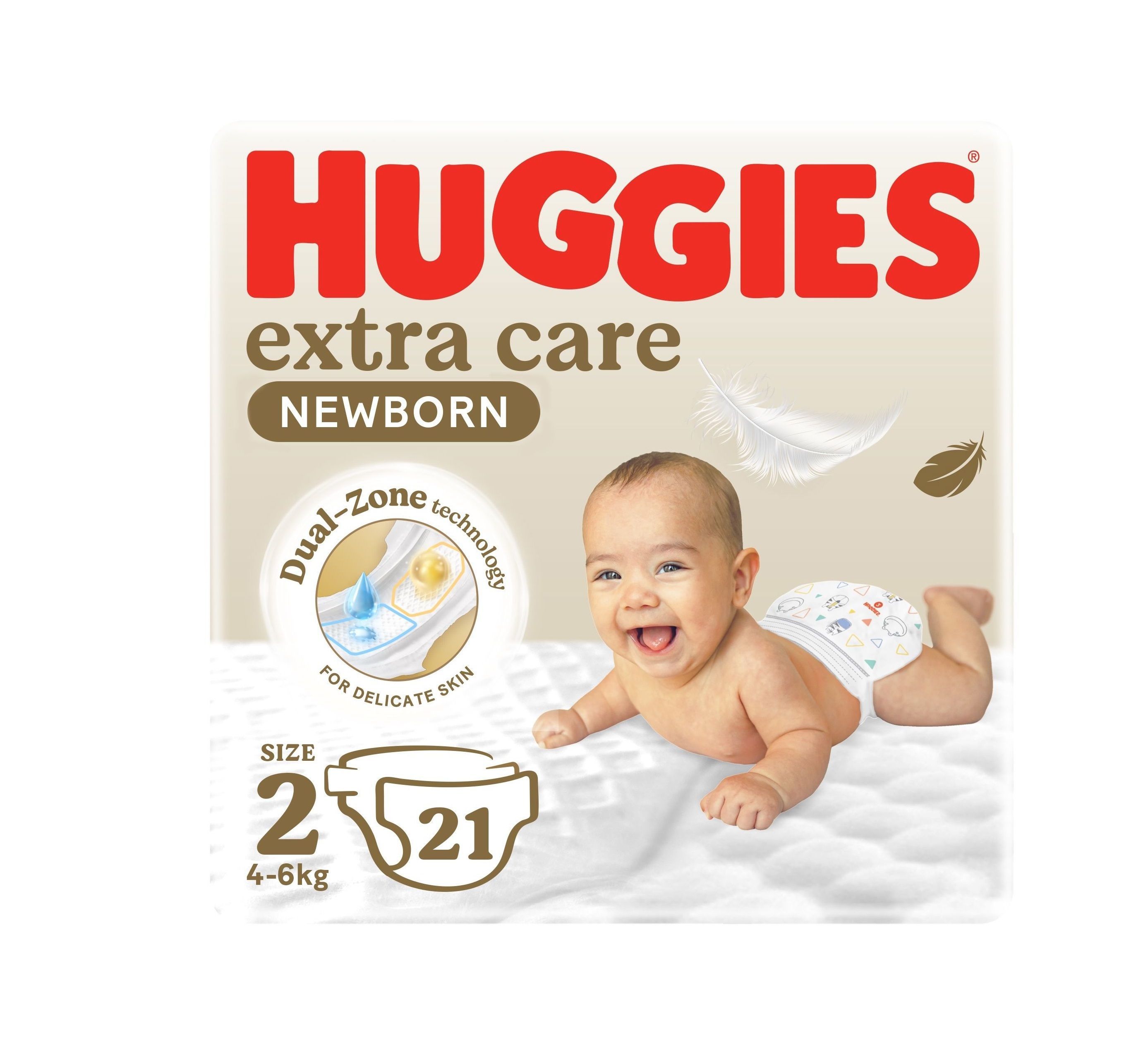 Huggies Extra Care Newborn Hypoallergenic Baby Diapers Size 2 (4-6kg), 21 Pieces