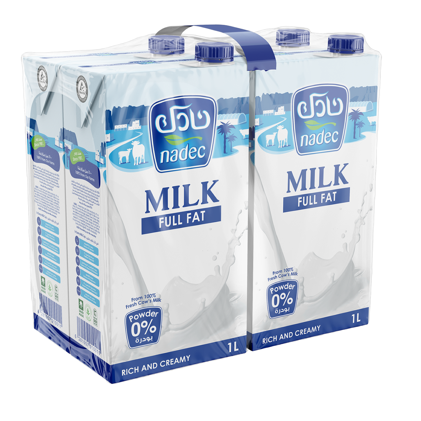 Nadec Long Life Full Fat UHT Milk, 4x1L