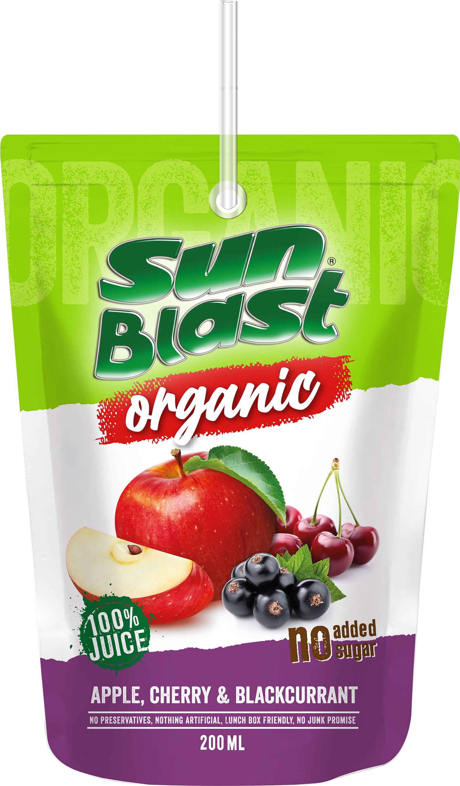 Sun Blast 100% Organic No Added Sugar Apple-Cherry-Blackcurrant Juice 200 ml