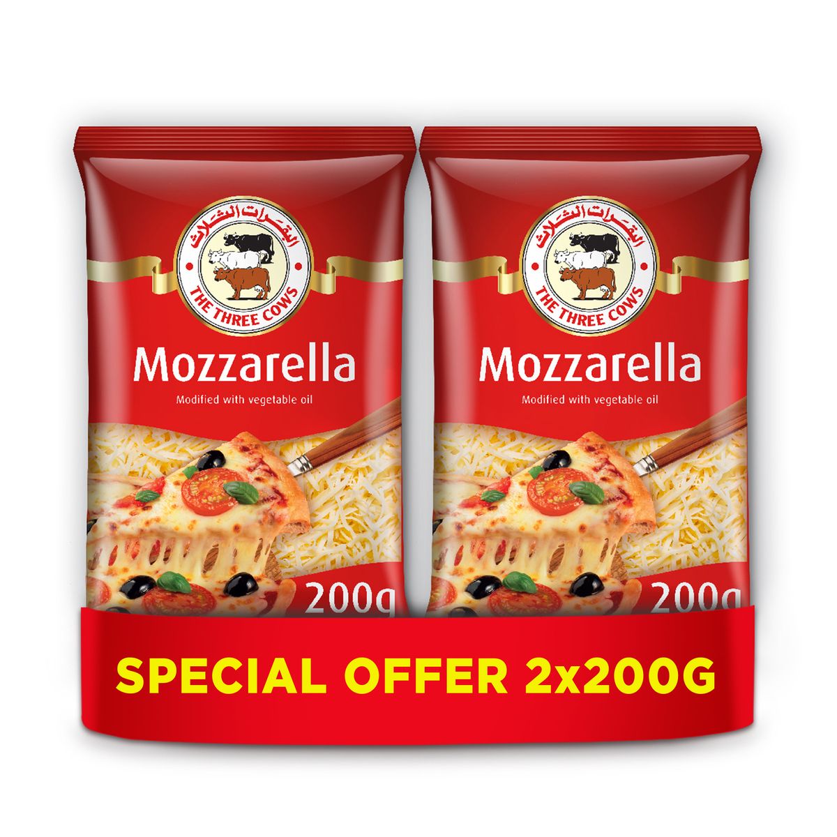 The Three Cows Shredded Mozzarella Cheese, 2 x 200g