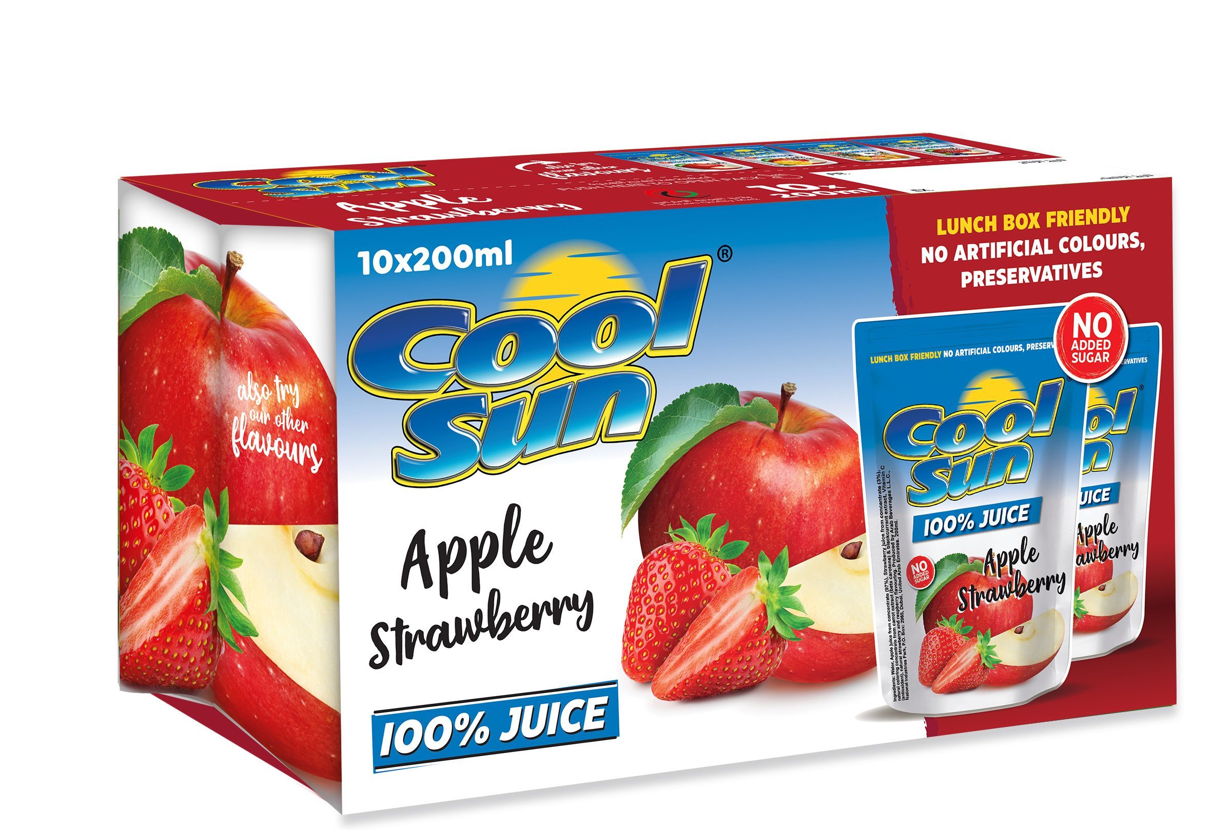 Cool Sun Apple & Strawberry Juice No Added Sugar, UAE, 10x200ml