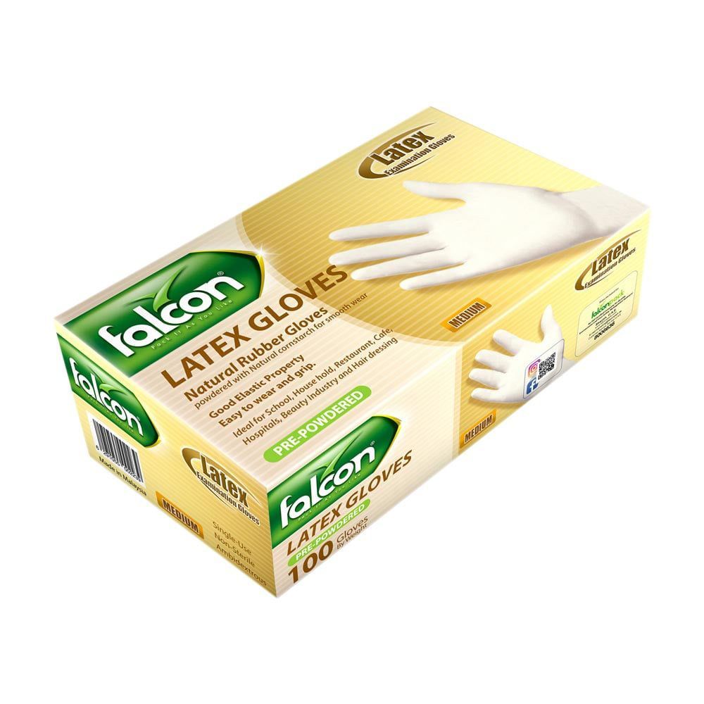 Falcon Latex Gloves - Medium, 100 Pieces