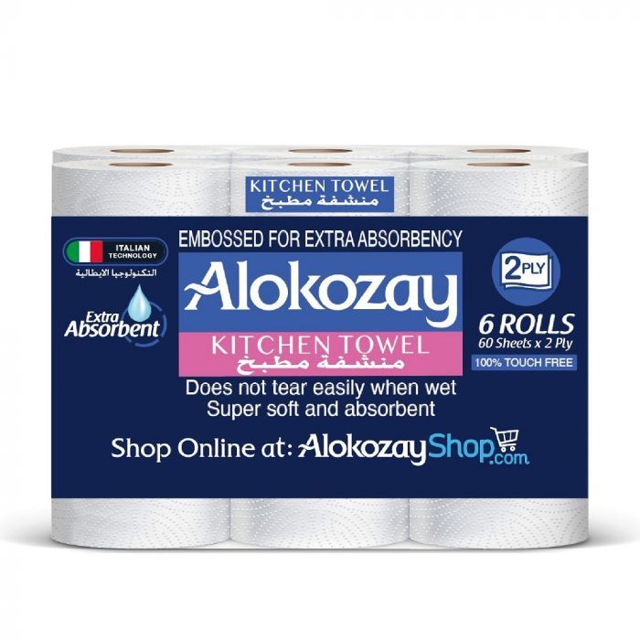 Alokozay Extra Absorbent Kitchen Towel 2Ply, 6 Rolls, 60 Sheets