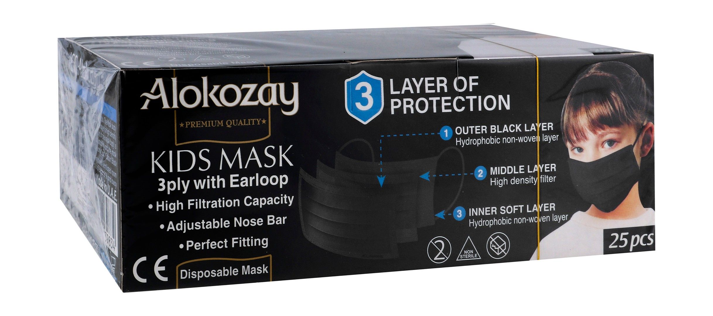 Alokozay Kids Face Mask Black, 25 Pieces