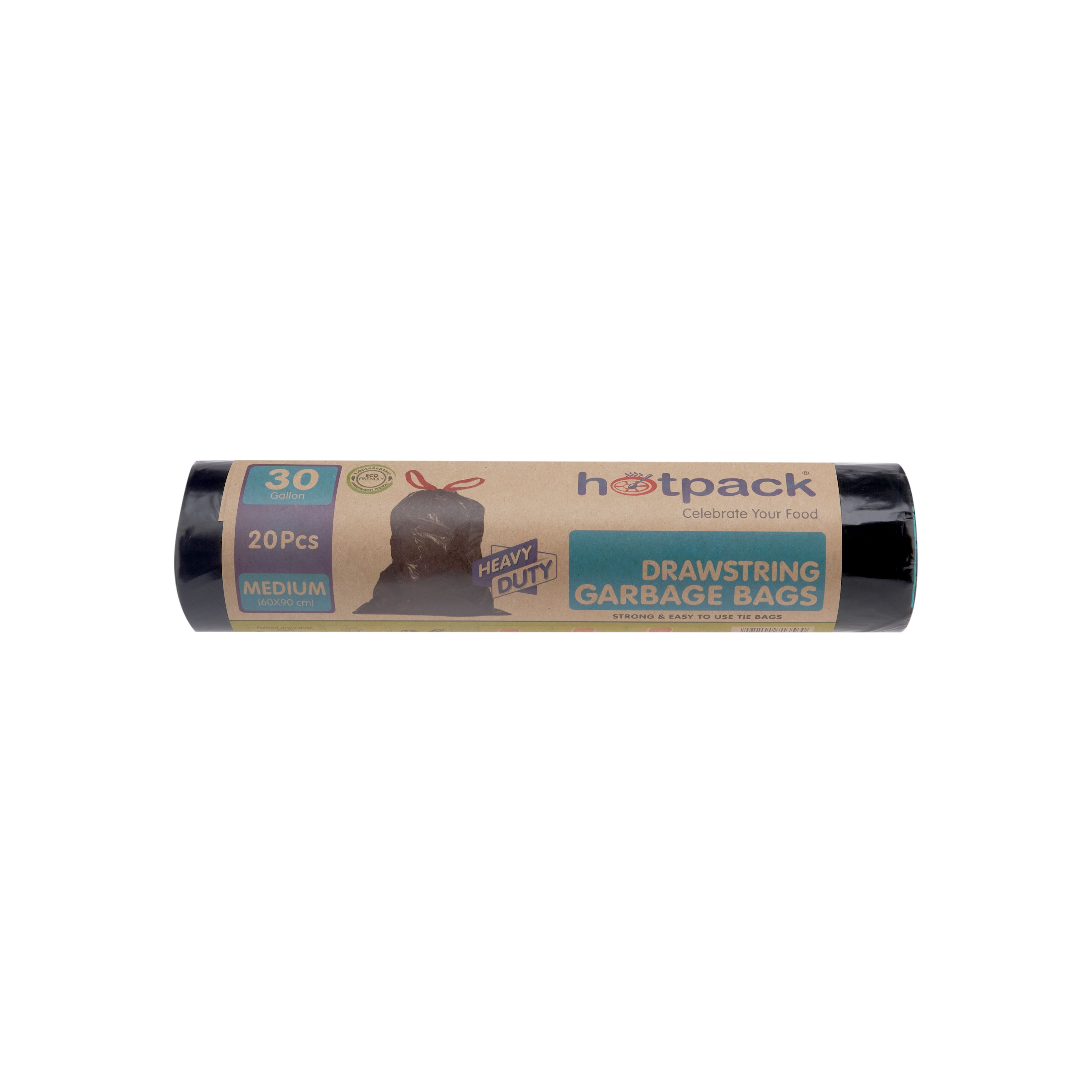 Hotpack Drawstring Garbage Bags Roll Medium Heavy Duty - Black, 60x90cm, 30 Gallon, 20 Pieces