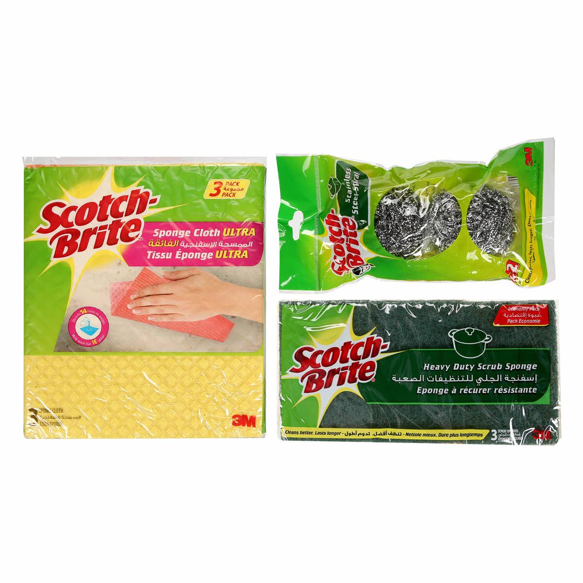 Scotch-Brite Multi-Purpose Sponge Cloth Wipe + Stainless Steel Metal Spiral Scrub + Scotch-Brite Laminate Scrub Sponge