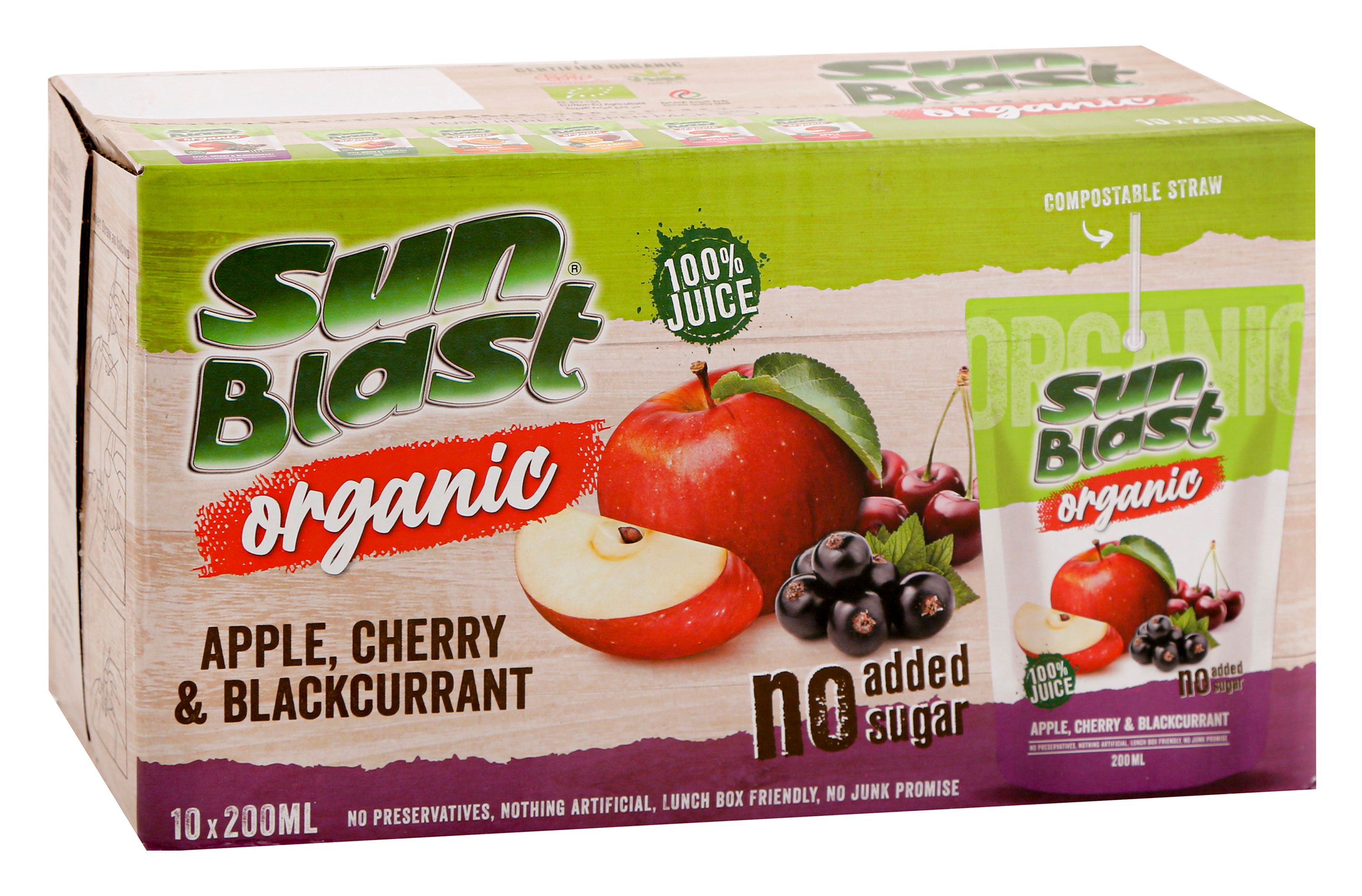 Sun Blast 100% Organic Apple, Cherry & Blackcurrant Juice No Added Sugar, 10x200ml