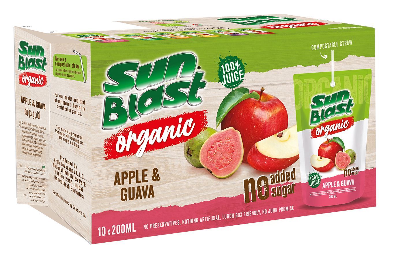 Sun Blast 100% Organic Apple & Guava Juice No Added Sugar, 10x200ml