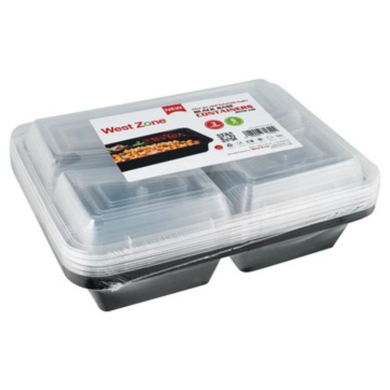 West Zone Black Base Containers with Lid, 3 Compartments, 5 Pieces