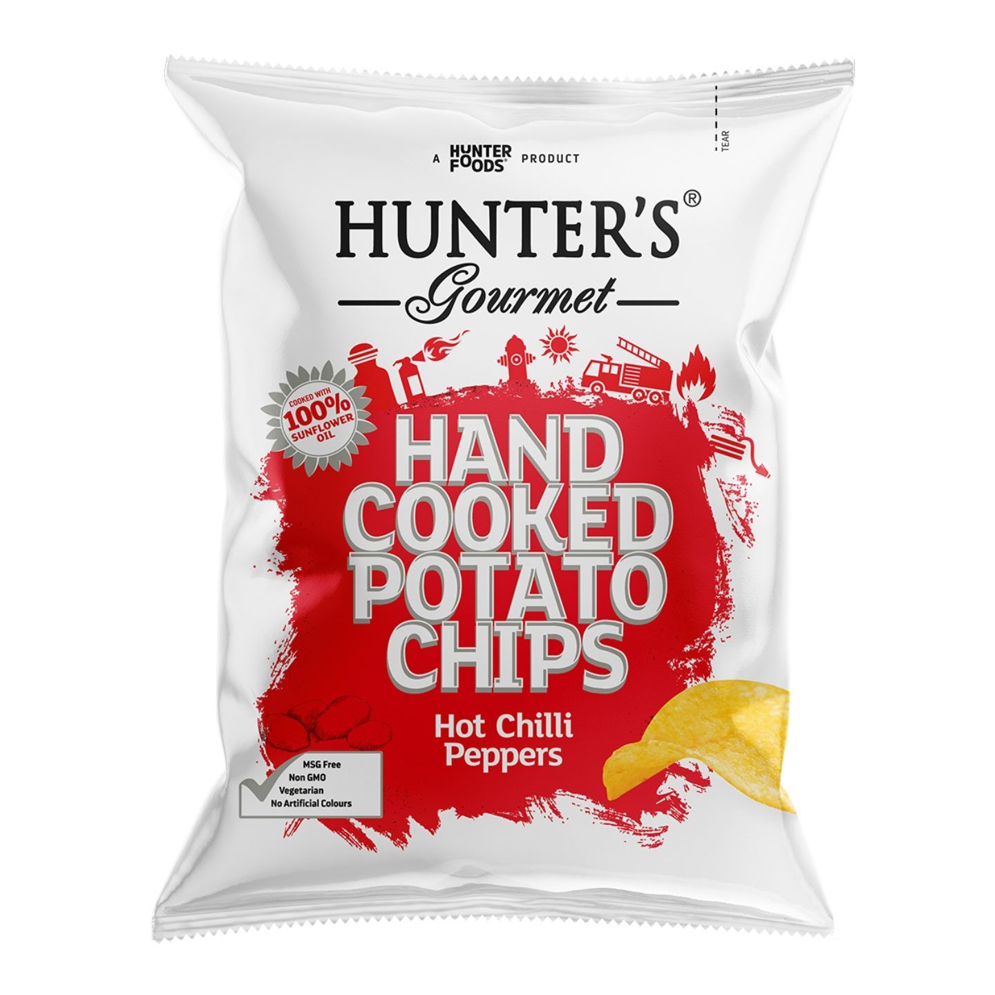 Hunter's Gourmet Hand Cooked Hot Chili Pepper Potato Chips - vegetarian, MSG free, GMO free, 125g