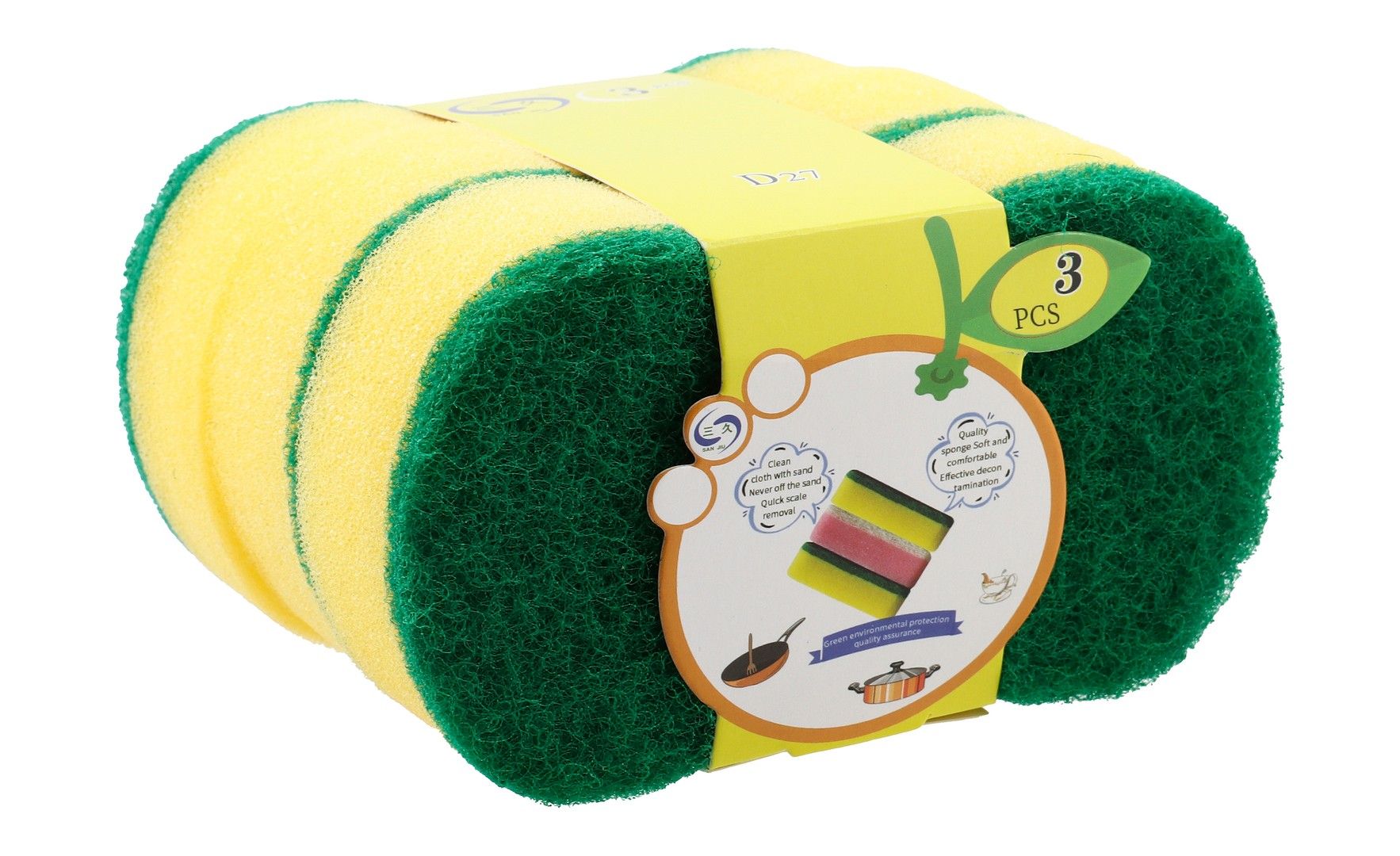 San Jiu Green & Yellow Sponge Scourers, 3 Pieces