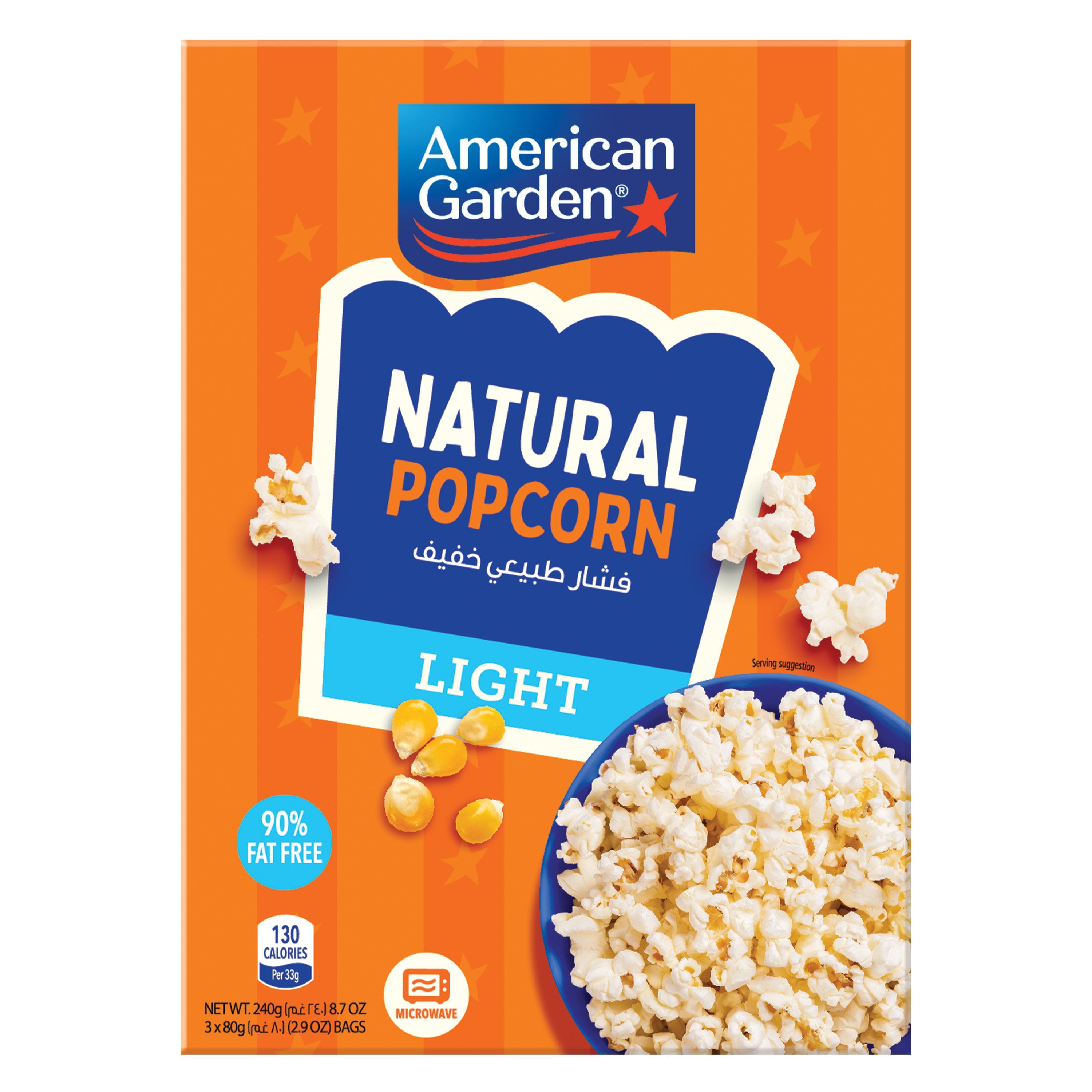 American Garden Microwave Natural Lite Popcorn, Gluten Free, 240g