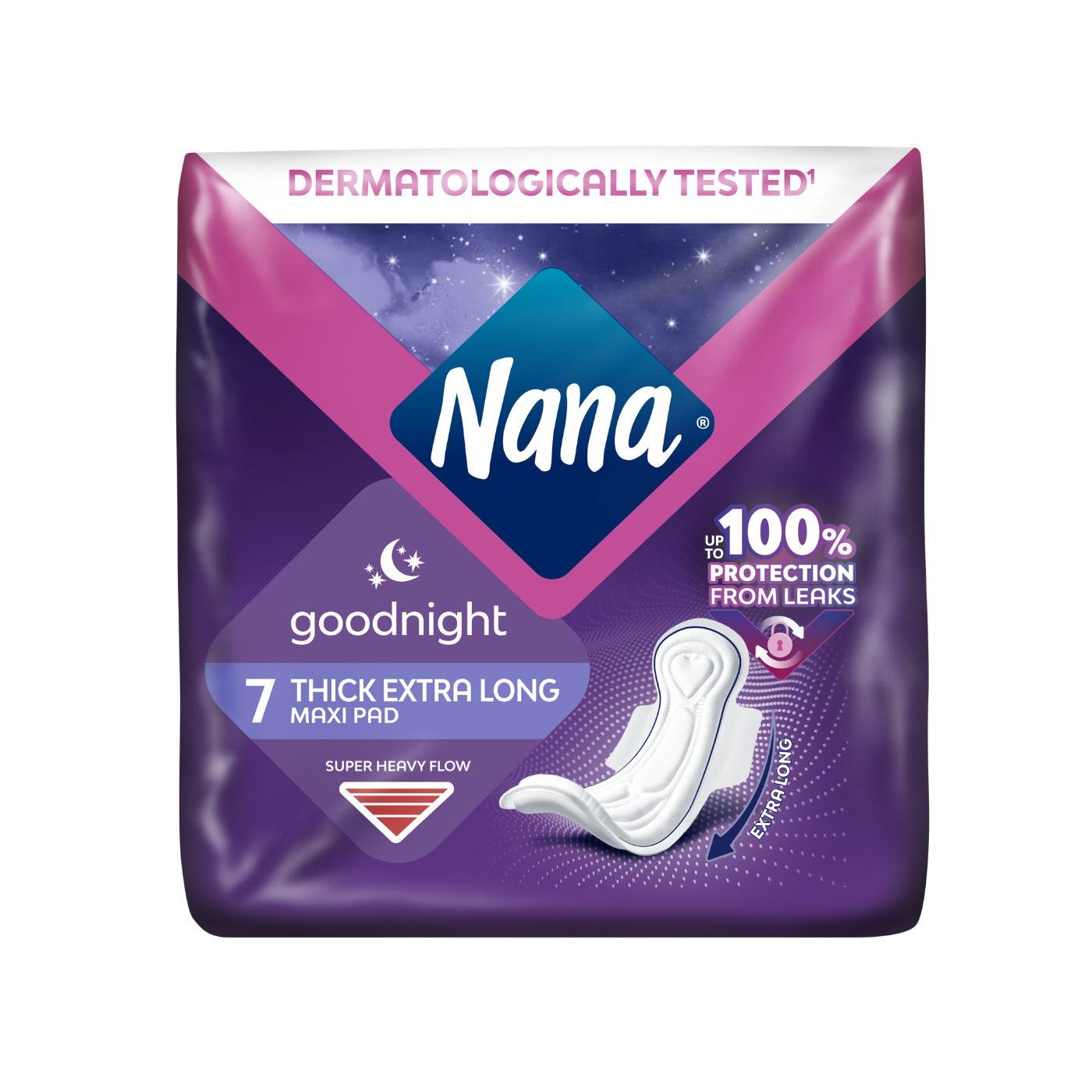 Nana Goodnight Extra Long Maxi Thick Pads with Wings for Super Heavy Flow, 7 Pieces