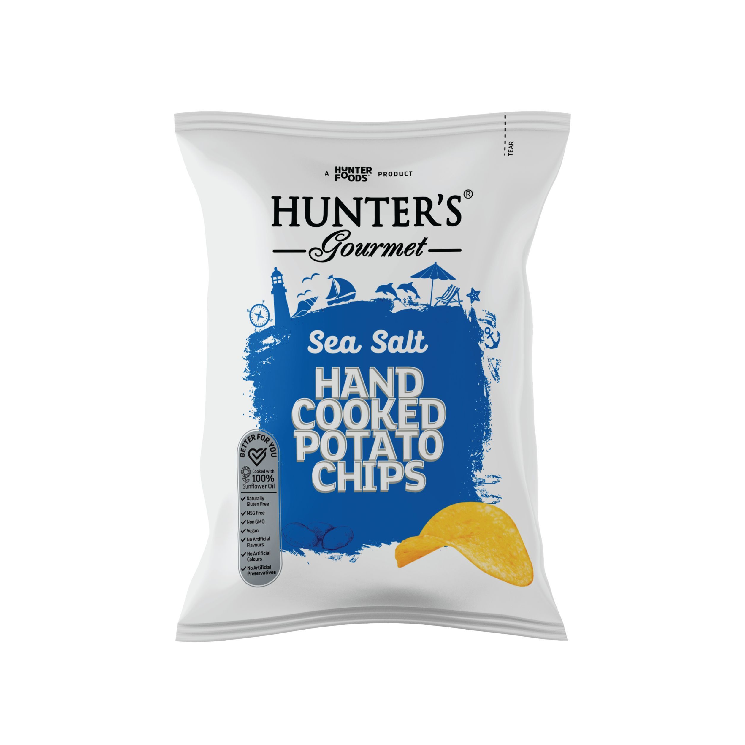 Hunter's Gourmet Hand Cooked Sea Salt Potato Chips - vegan, GMO free, gluten free, 125g