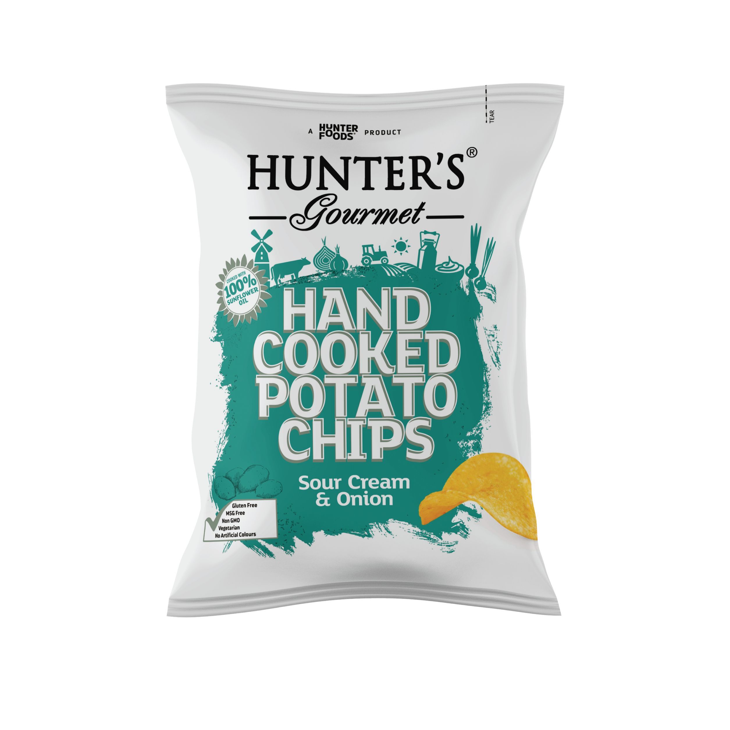 Hunter's Gourmet Sour Cream & Onion Hand Cooked Potato Chips, 125g