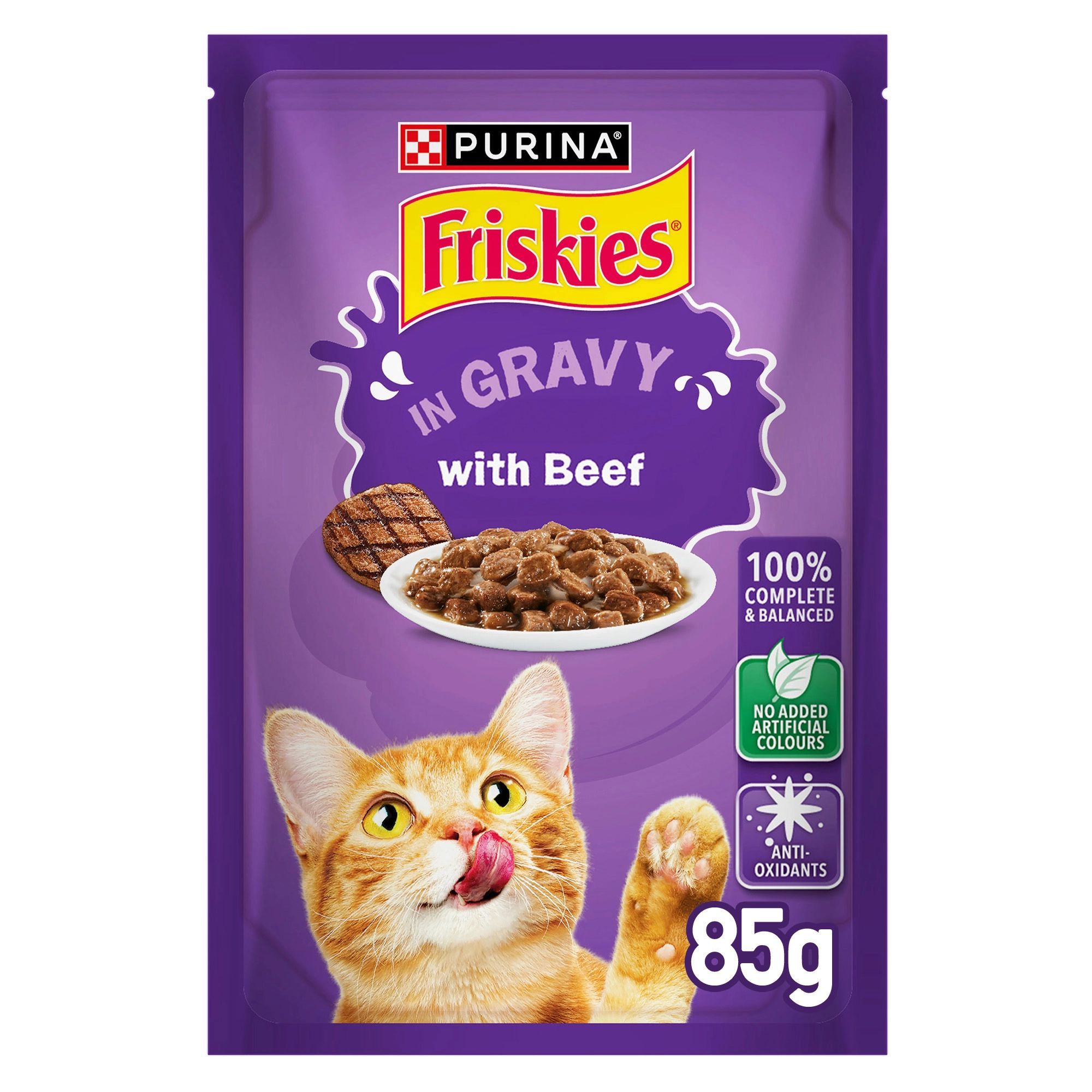 Purina Friskies Beef Chunks In Gravy Wet Cat Food Pouch, 85g
