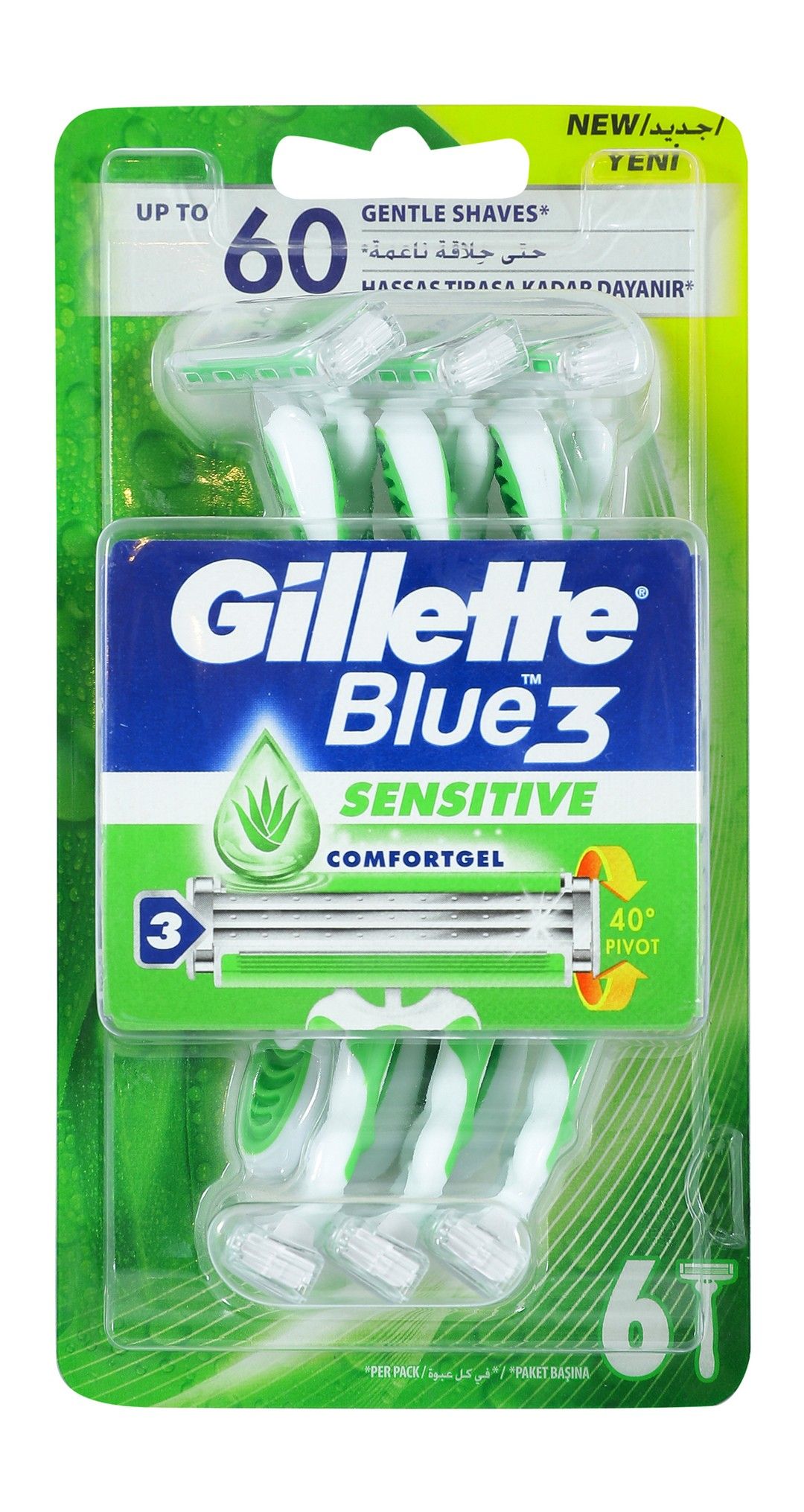 Gillette Blue 3 Disposable Razors for Sensitive Skin, 6 Pieces