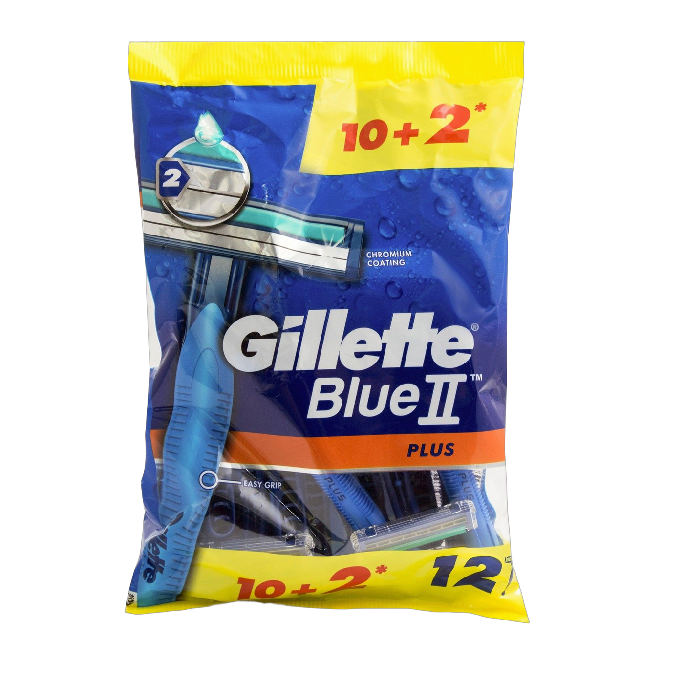 Gillette Blue II Plus Easy Grip Razors with Chromium Coating, 12 Pieces