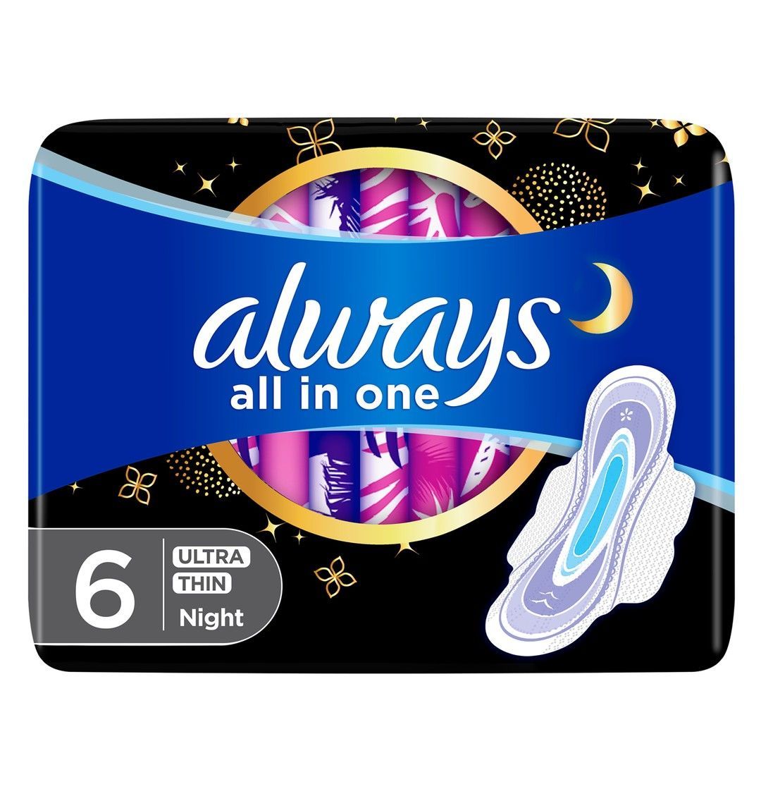 Always All in One Ultra Thin Night Pads with Wings, 6 Pieces