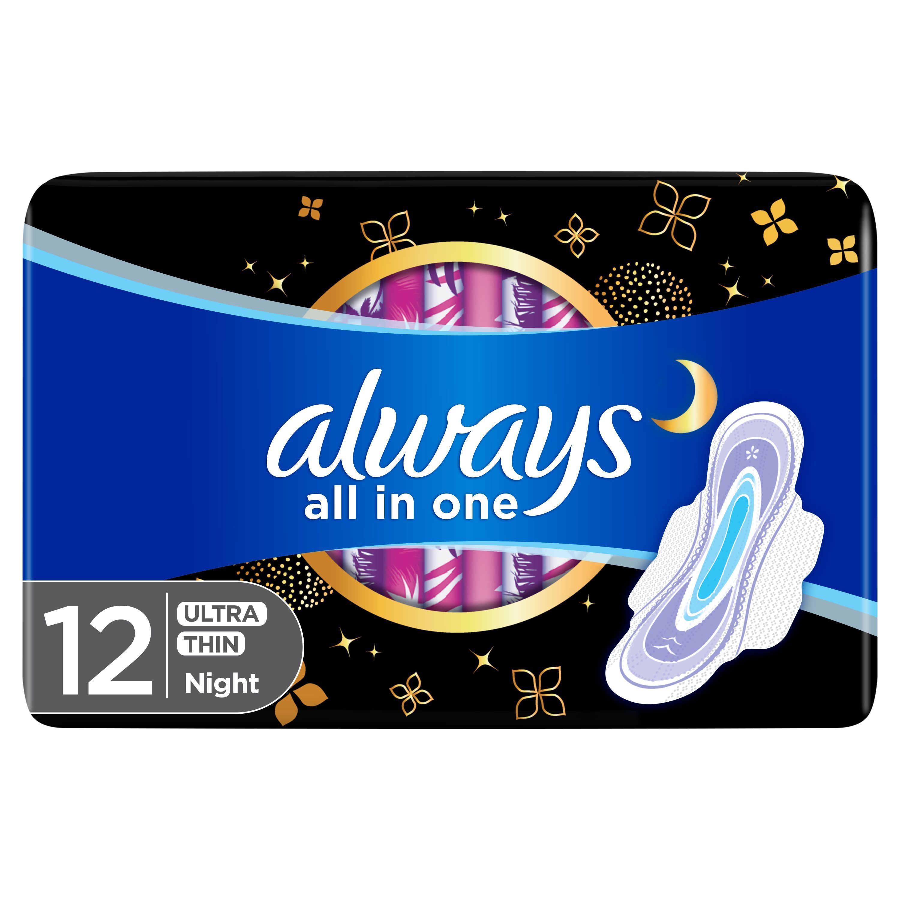 Always Ultra Thin All In One Night XL Sanitary Pads with Wings, 12 Pads