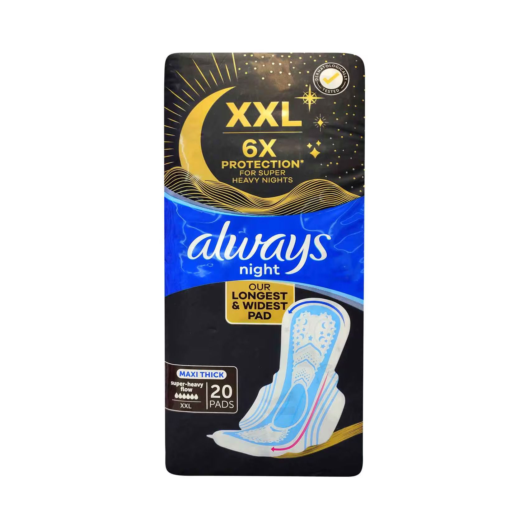 Always XXL Maxi Thick Heavy Night Protection Pads with Wings, 20 Pieces