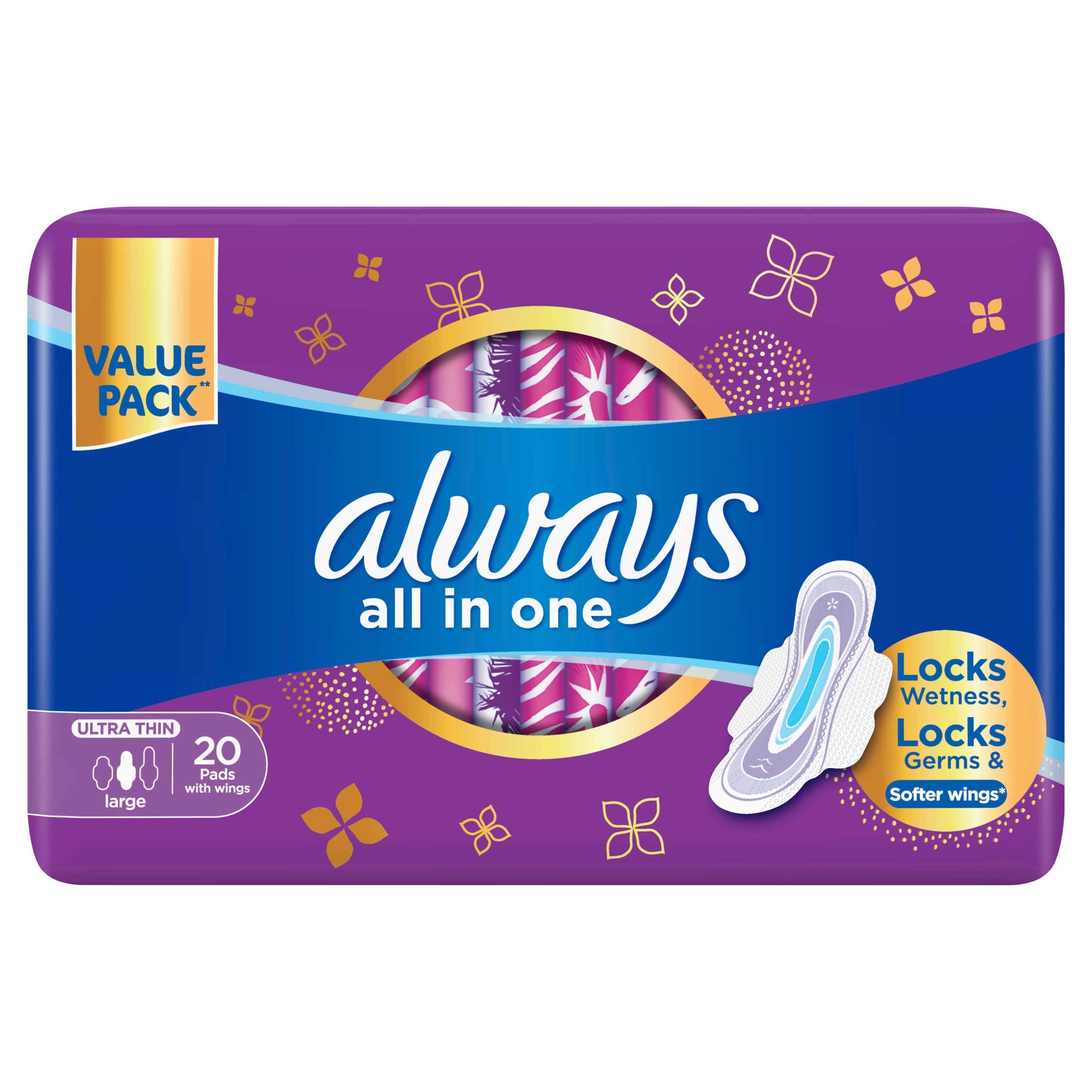 Always All in One Ultra Thin Large Pads with Wings, 20 Pieces