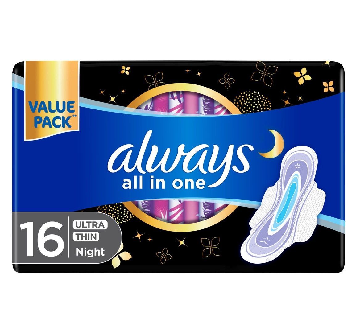 Always All in One Ultra Thin Night Pads with Wings, 16 Pieces