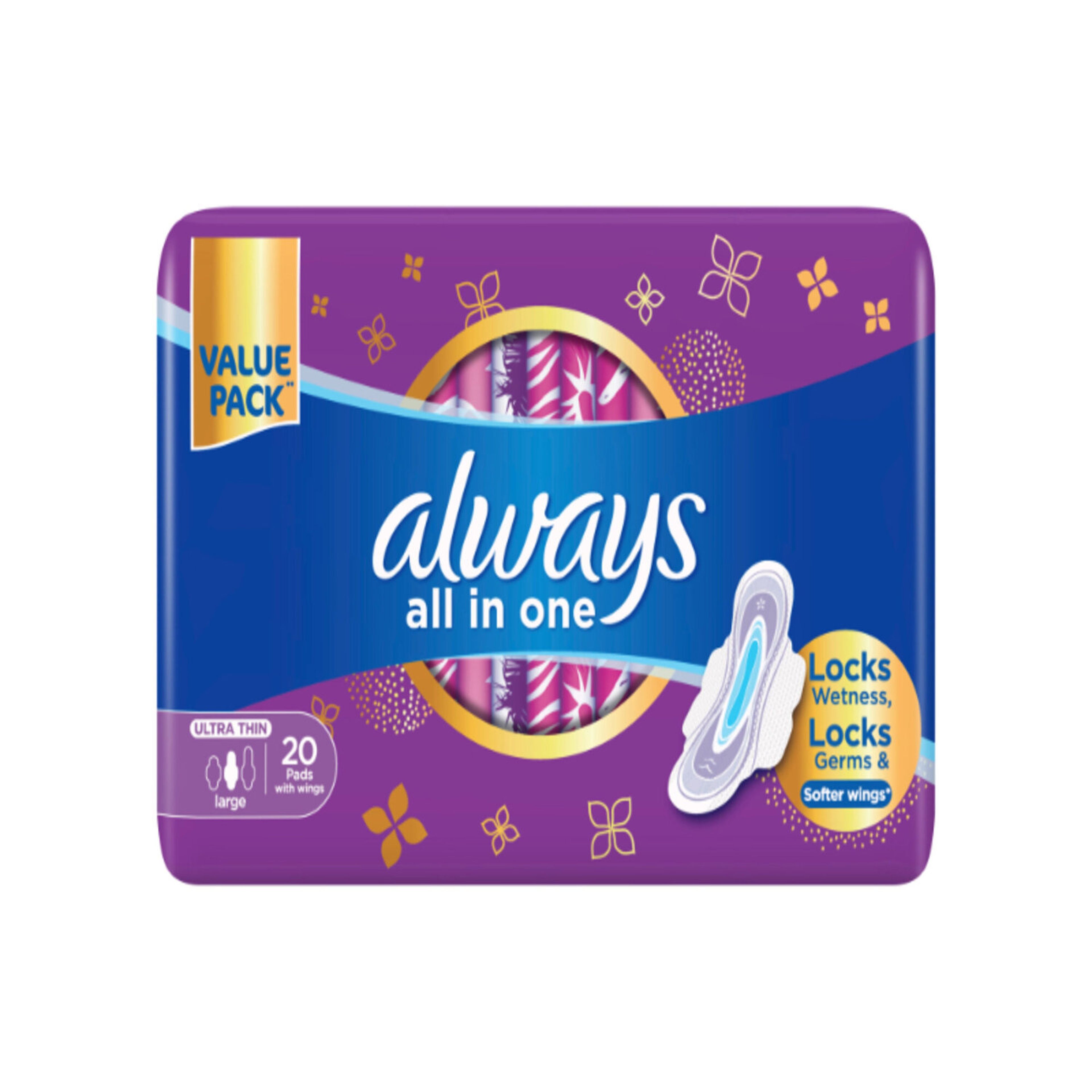 Always All in One Sanitary Pads, 20 Pieces
