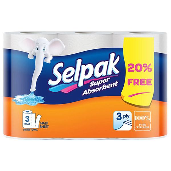 Selpak 3 Ply Super Absorbent Kitchen Paper Towel, 3 Rolls