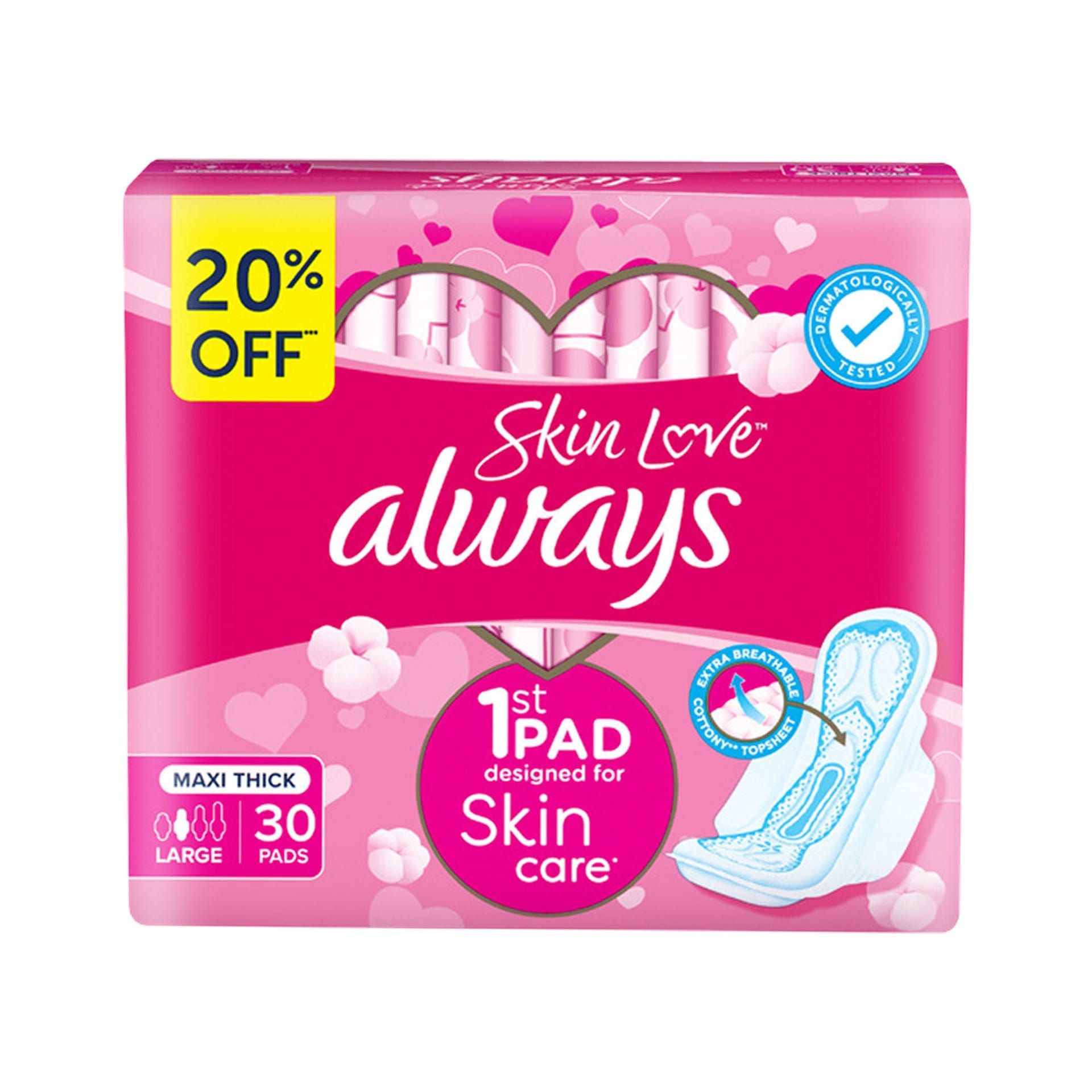 Always Skin Love Maxi Thick Sanitary Pads with Wings Large, 30 Pads