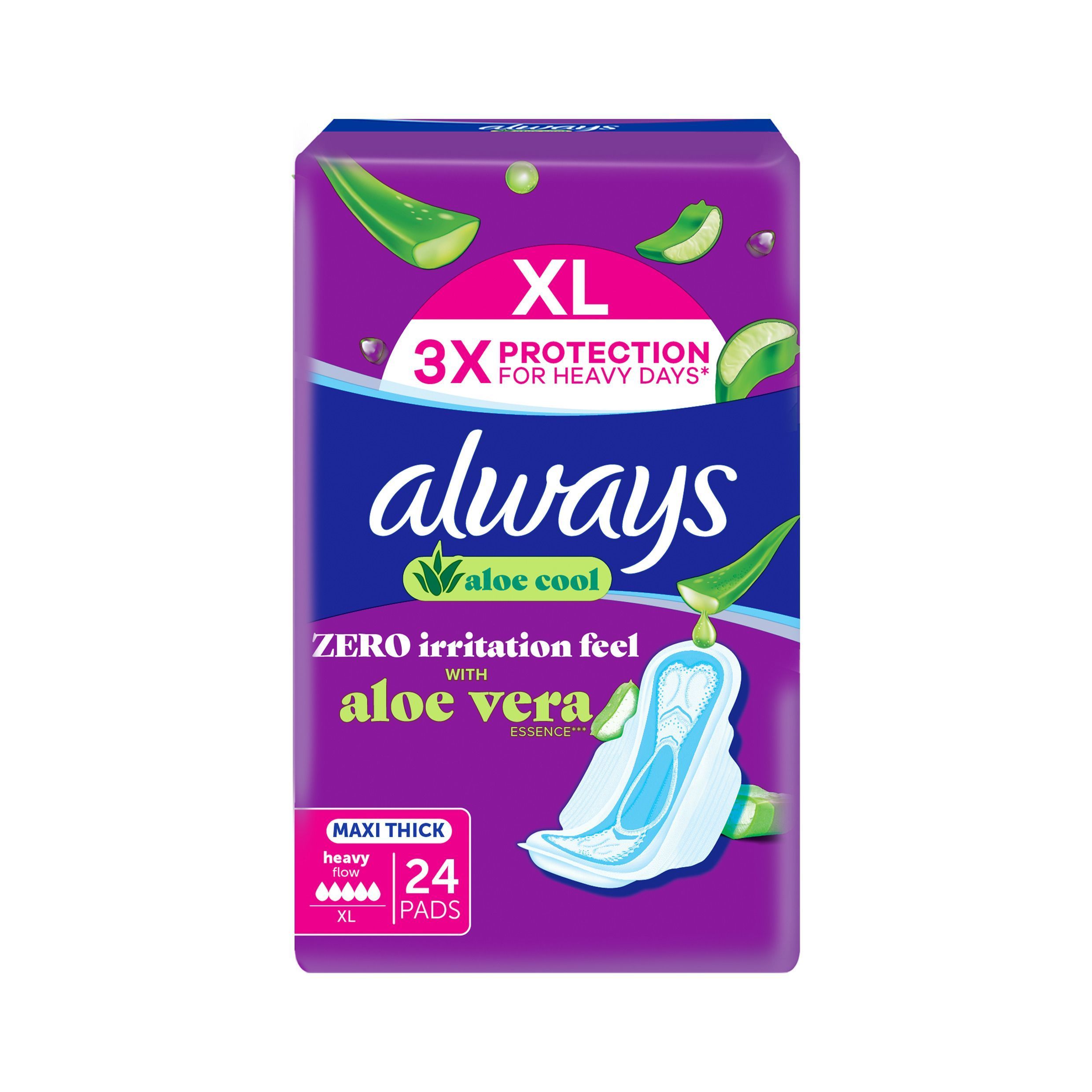 Always Aloe Cool Maxi Thick XL Pads Aloe Vera Scent with Wings, 24 Pieces