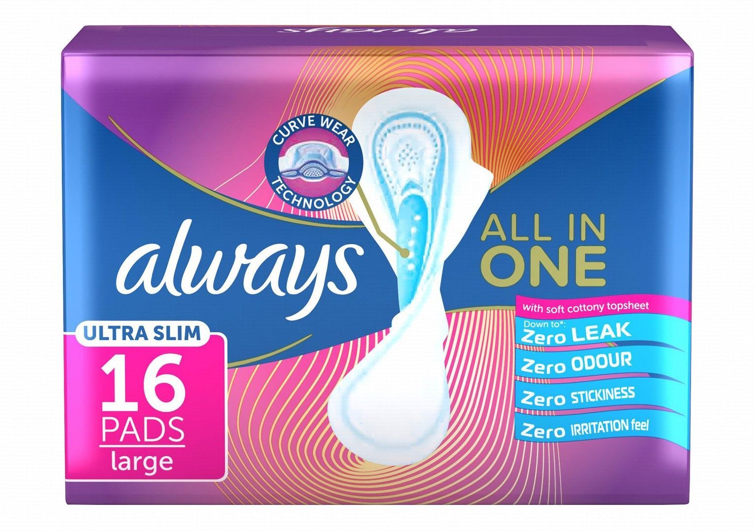 Always All in One Large Ultra Slim Pads with Wings, 16 Pieces