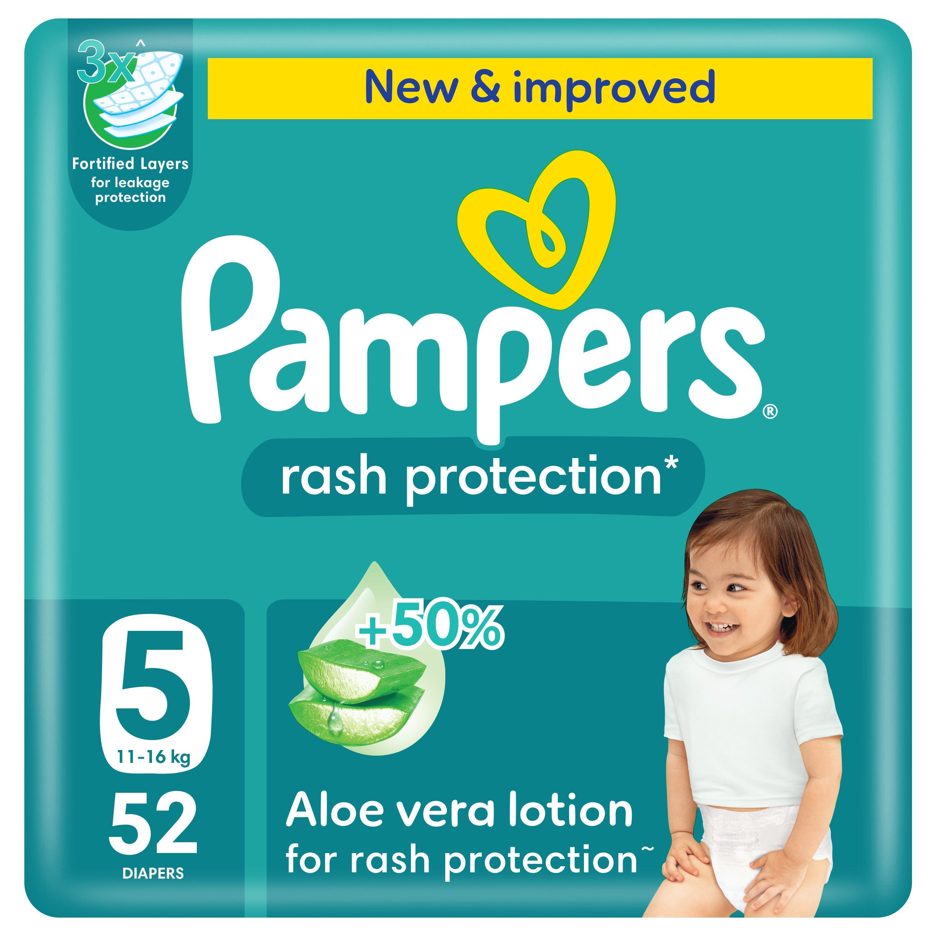 Pampers Rash Protection Taped Diapers with Aloe Vera Lotion, Size 5, 11-16kg, 52 Pieces