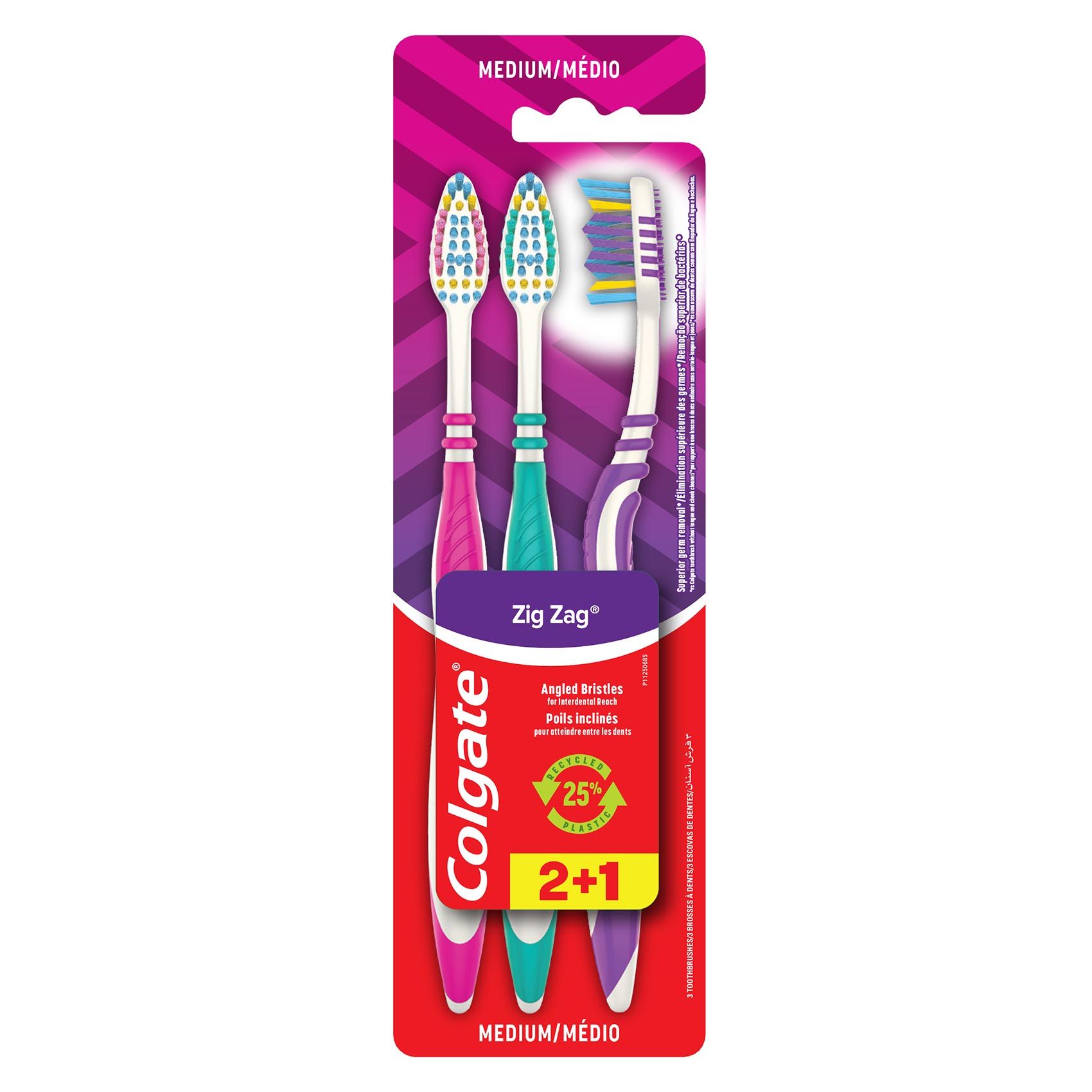 Colgate ZigZag Medium Toothbrush with Tongue Cleaner, 3 Pieces
