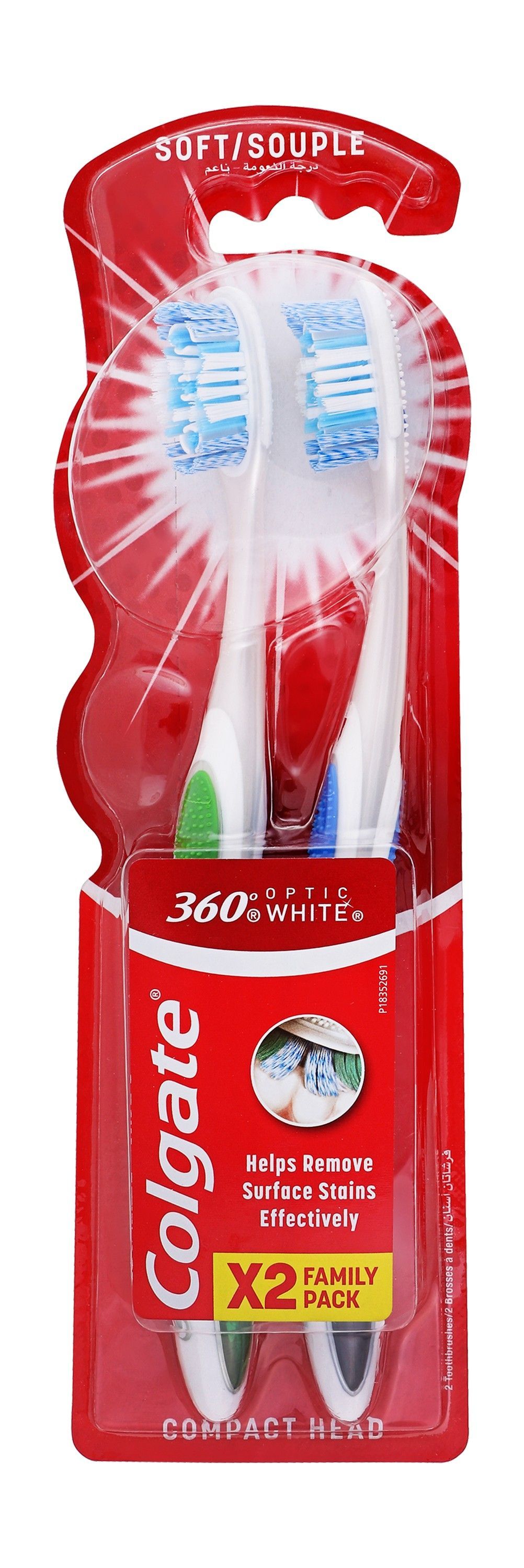 Colgate 360 Degree Optic White Green & Blue Soft Toothbrushes, 2 Pieces